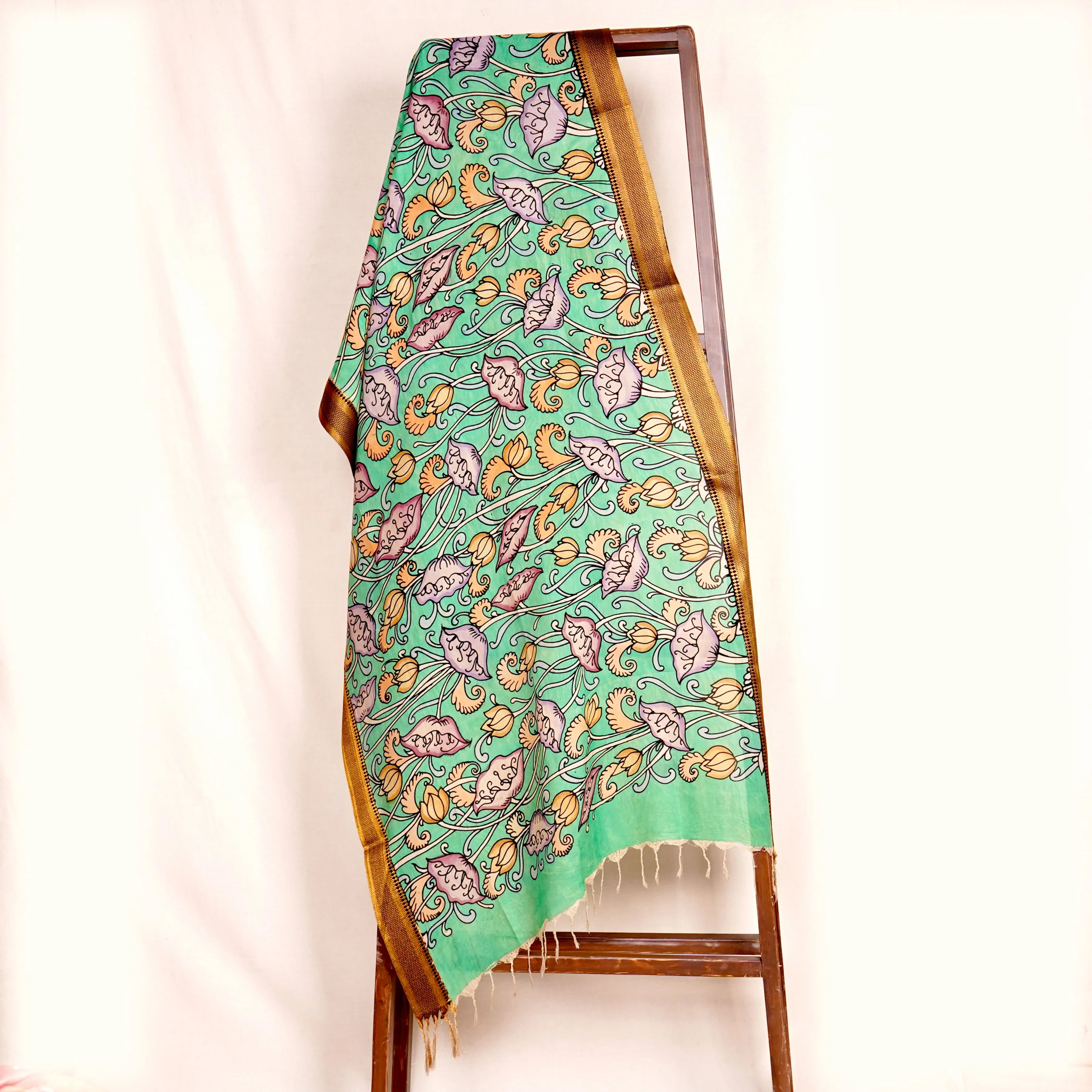Green Pen Kalamkari Cotton Silk Dupatta - Image 3