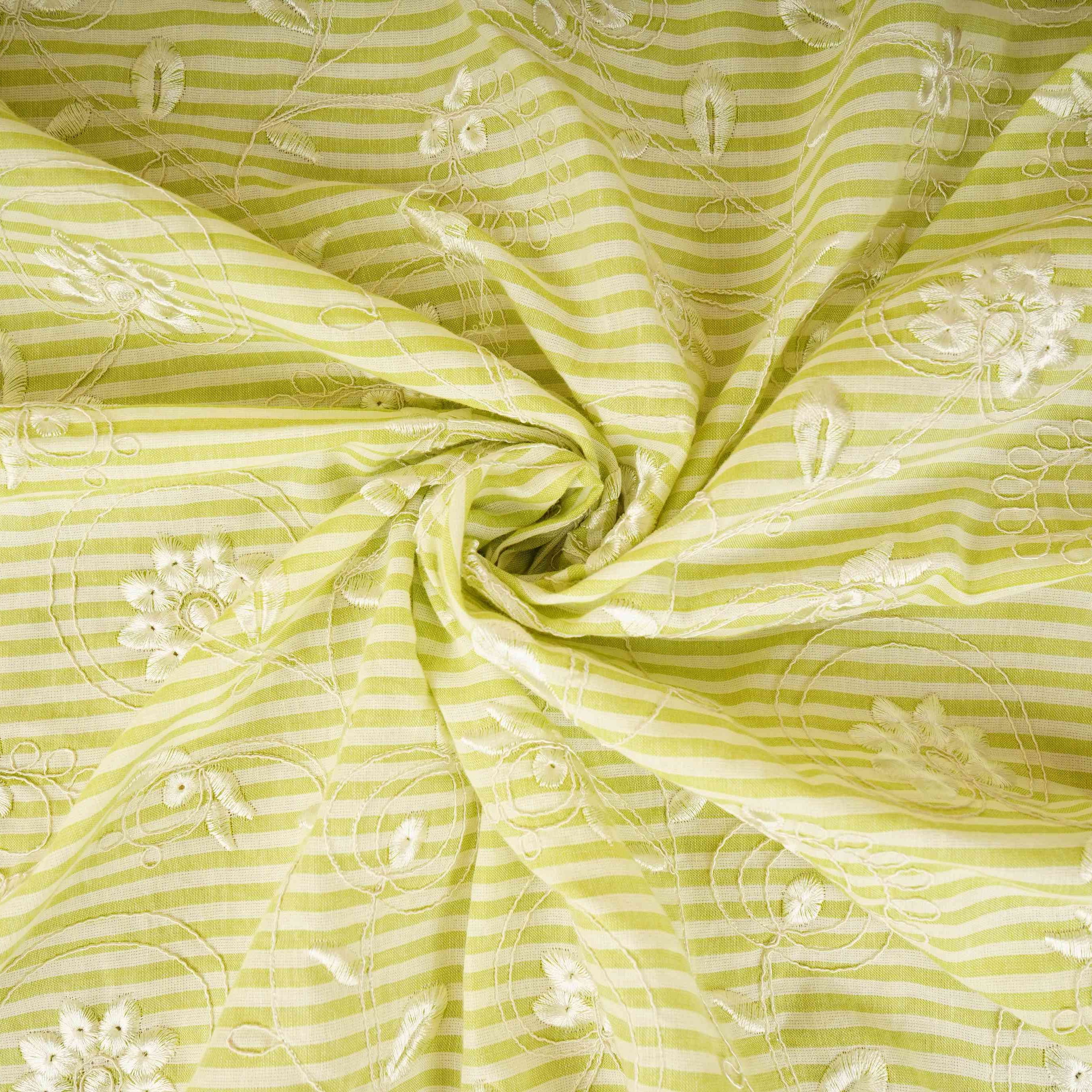 Green Stripes Floral Embroidery South Cotton Fabric ZA-30580 - Image 3