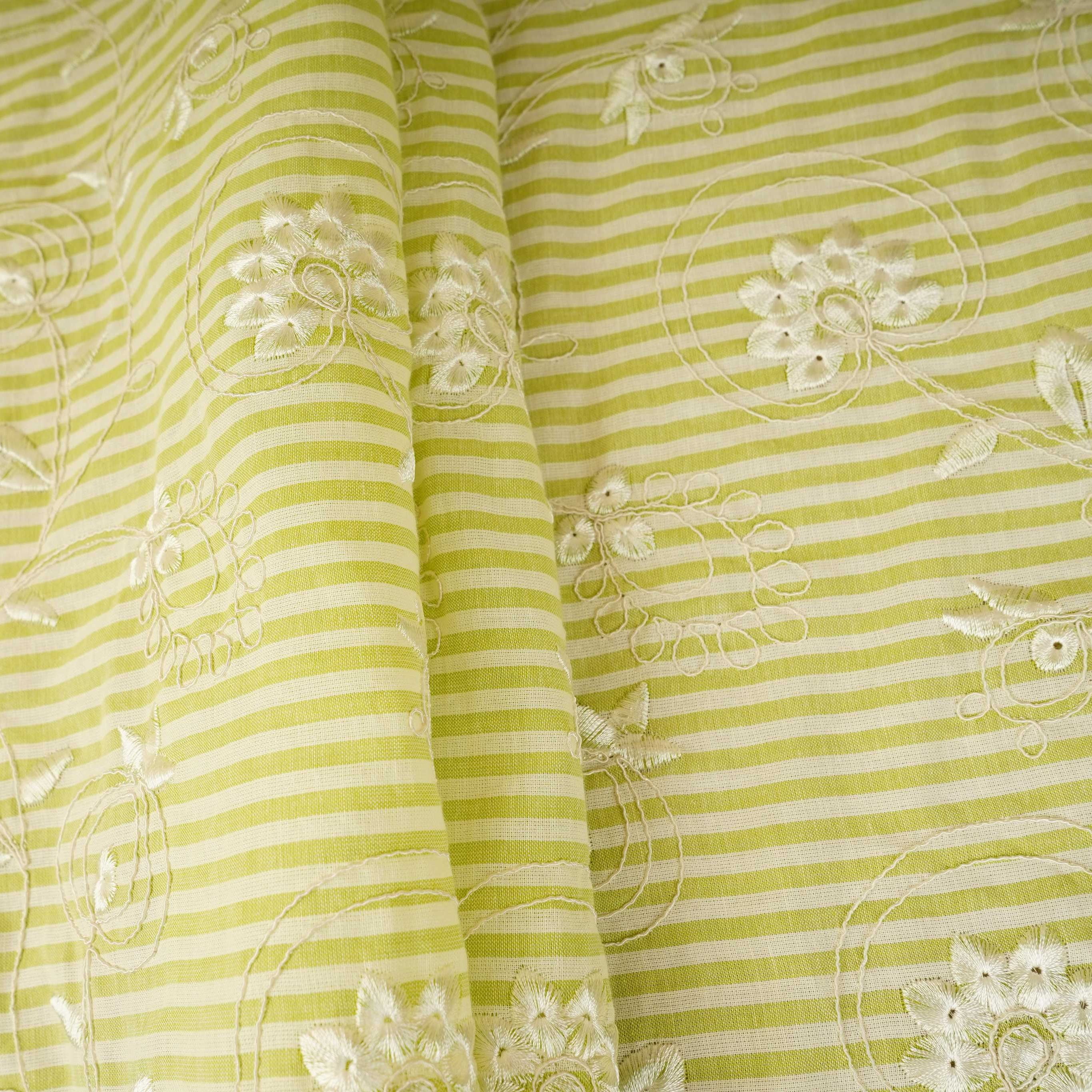 Green Stripes Floral Embroidery South Cotton Fabric ZA-30580 - Image 4