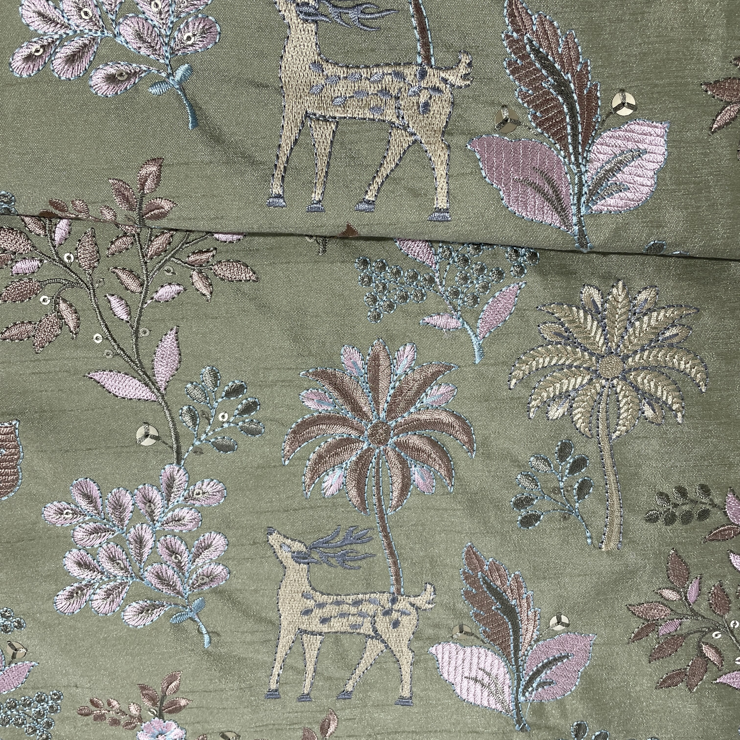 Green Thread Embroidery Russian Silk Fabric - Image 2