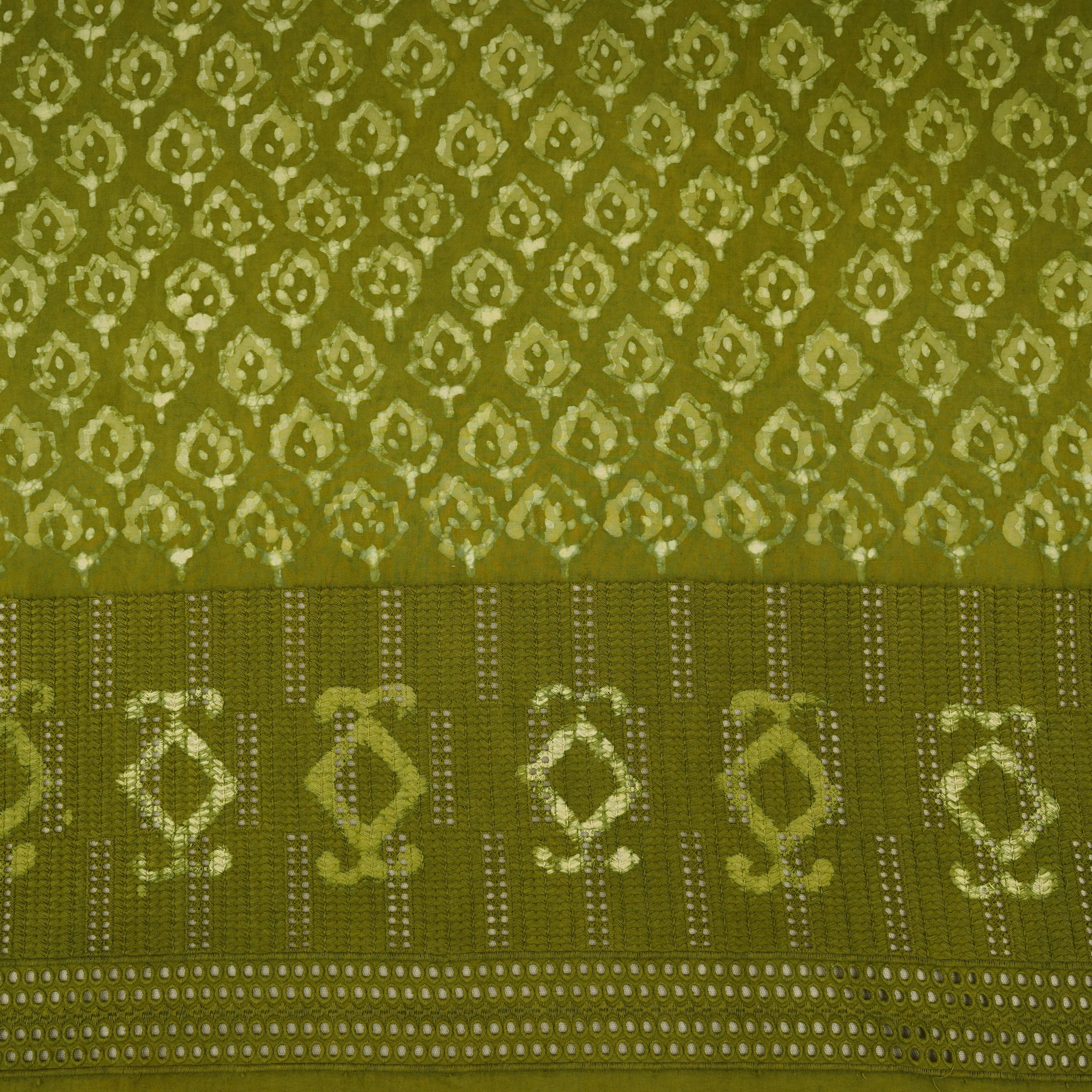 Green & White Floral Batik Print Cotton Schiffli Fabric CH-29817 - Image 2