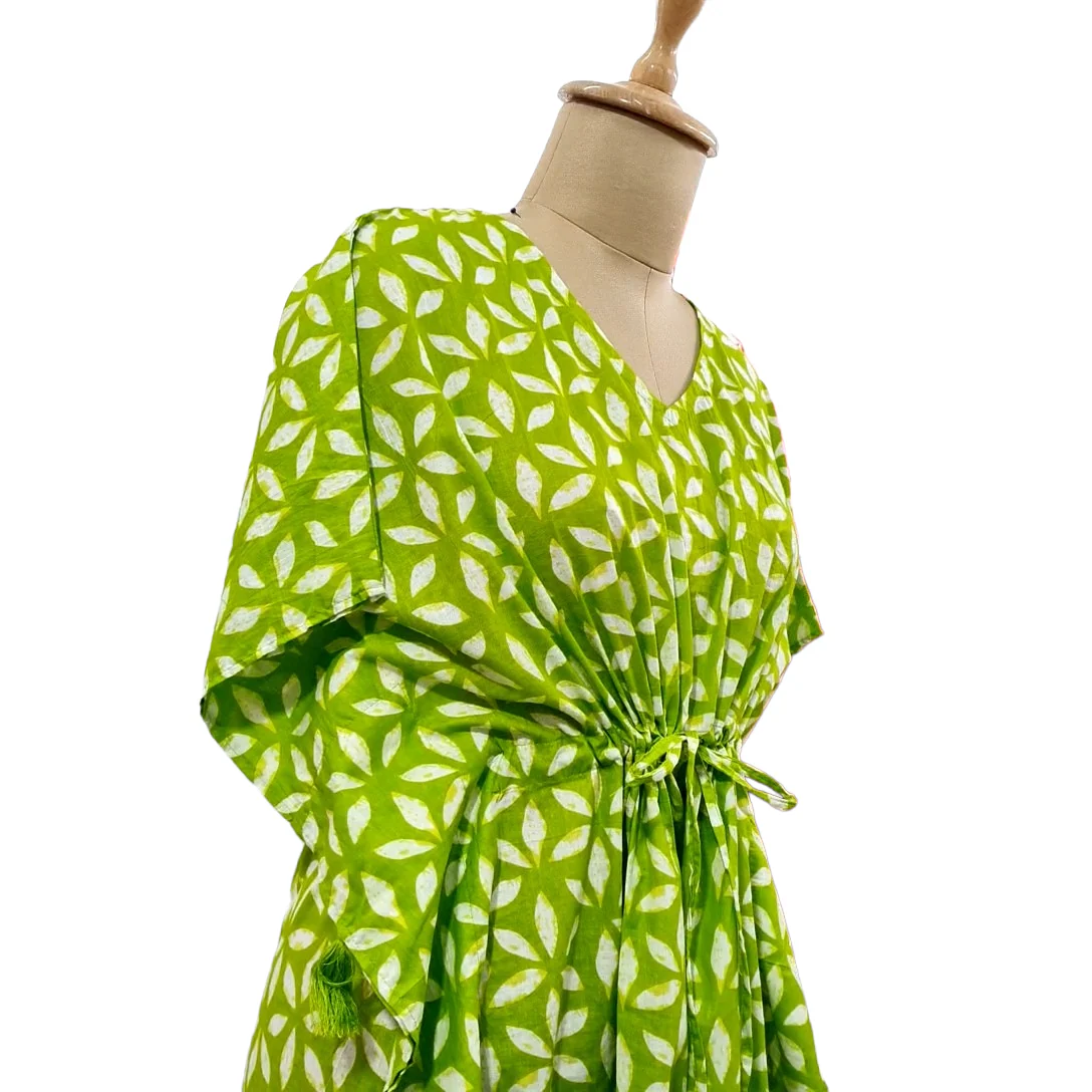 Green White Floral Print Cotton Kaftan - Image 2