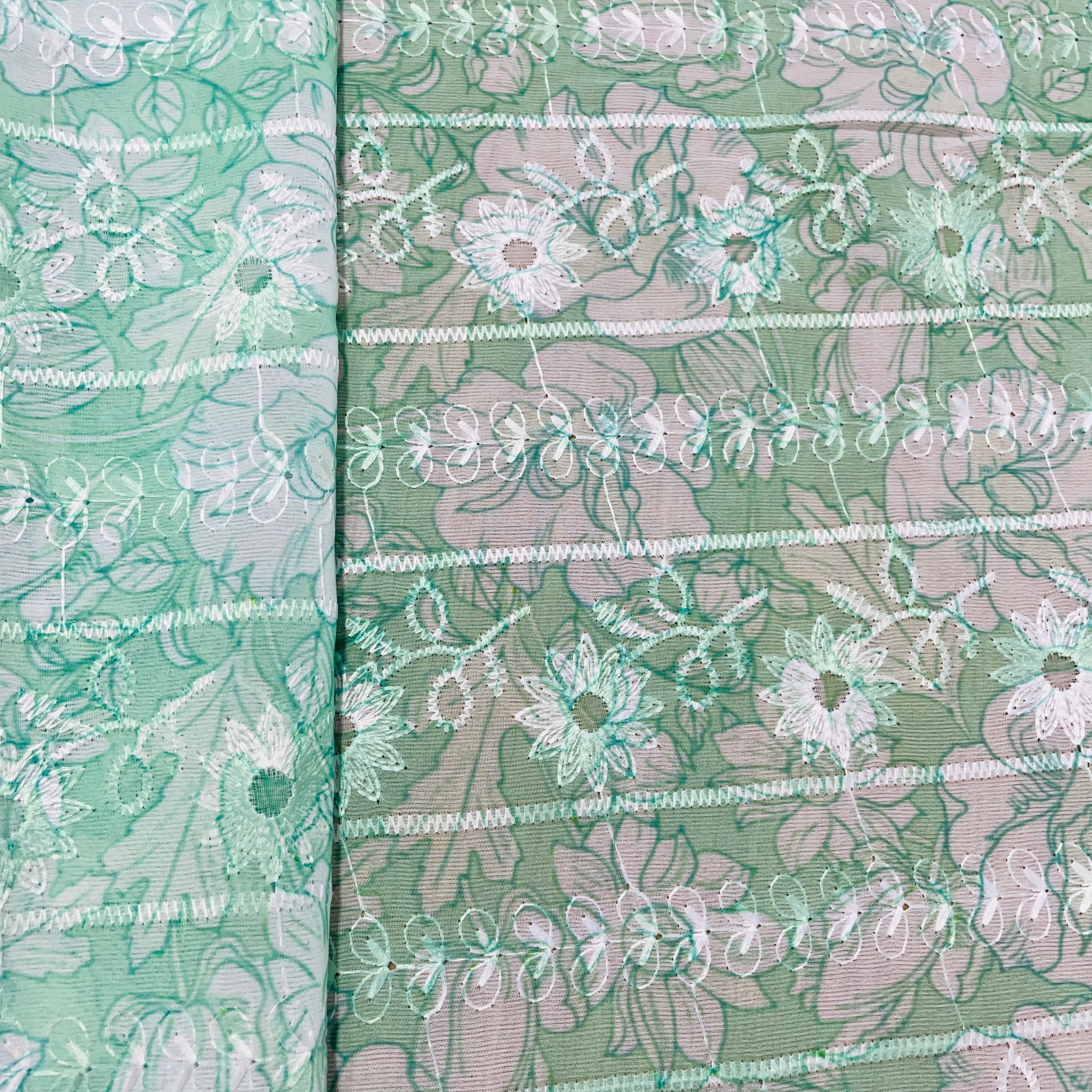 Green & White Thread Embroidery Imported Organza Chiffon Fabric - Image 3