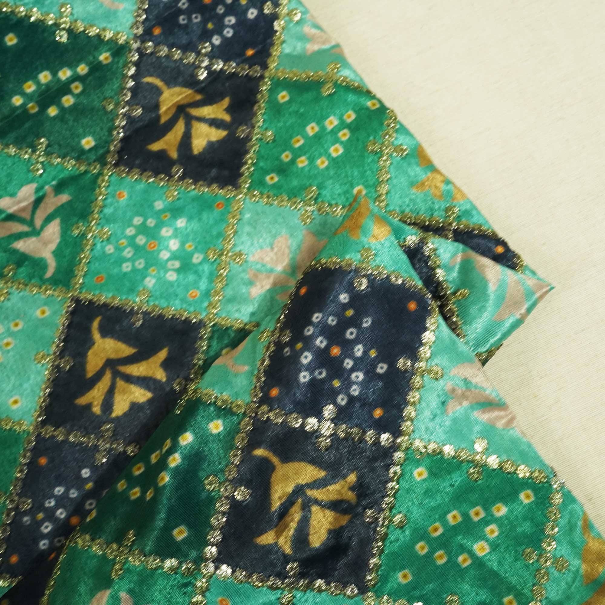 Green With Black Bandhani Chevron Print Zari Chinnon TU-7854 - Image 2