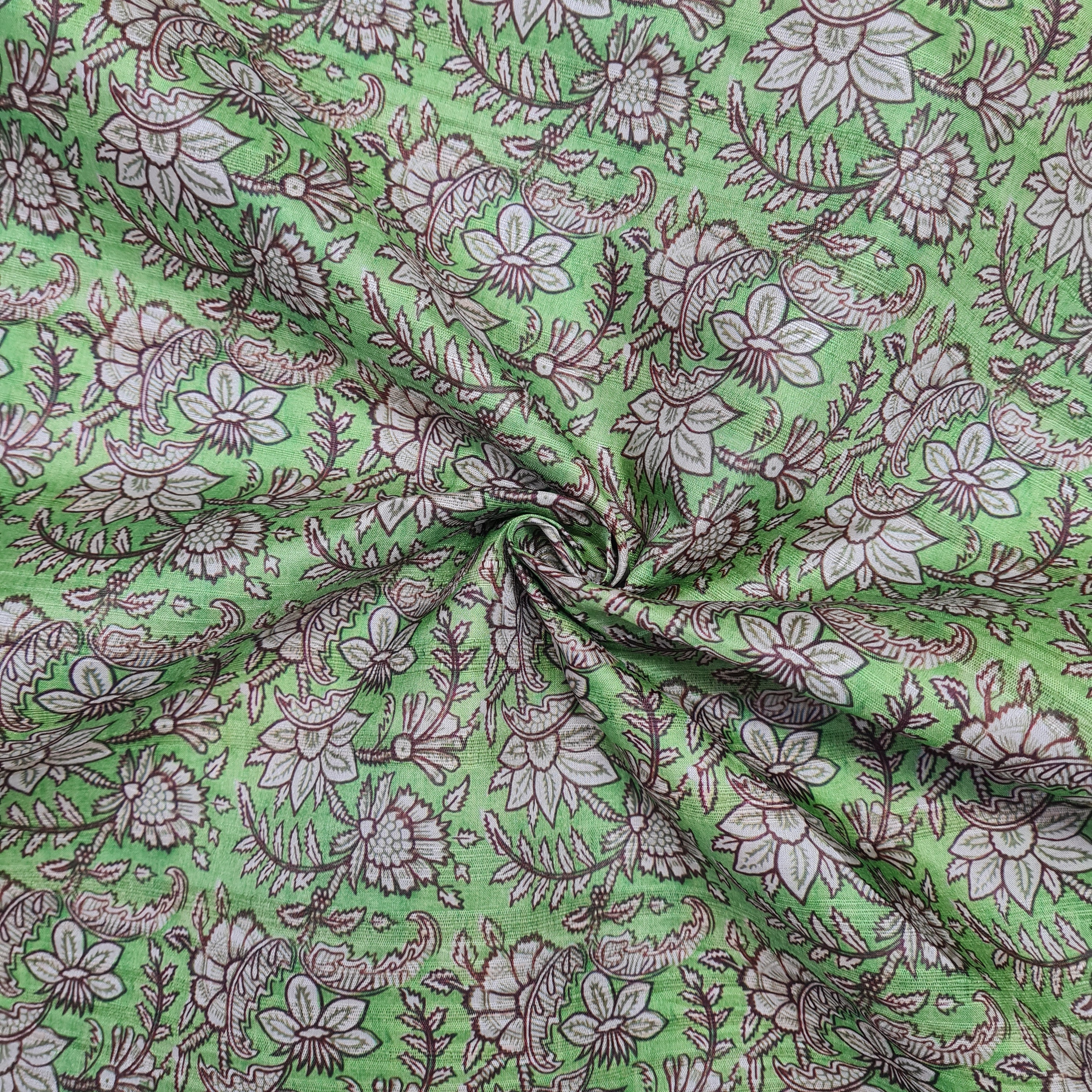 Green With Cream Floral Print Dobby TUsser Silk Fabric TU 8123