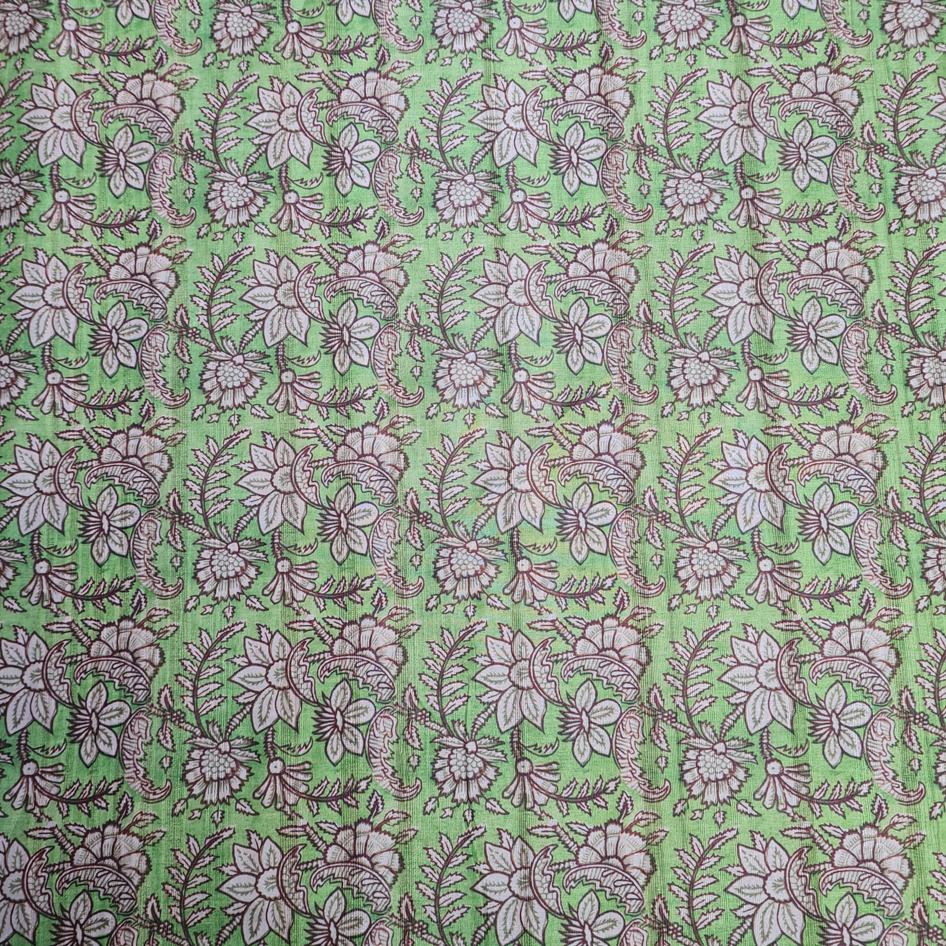 Green With Cream Floral Print Dobby TUsser Silk Fabric TU 8123 - Image 2