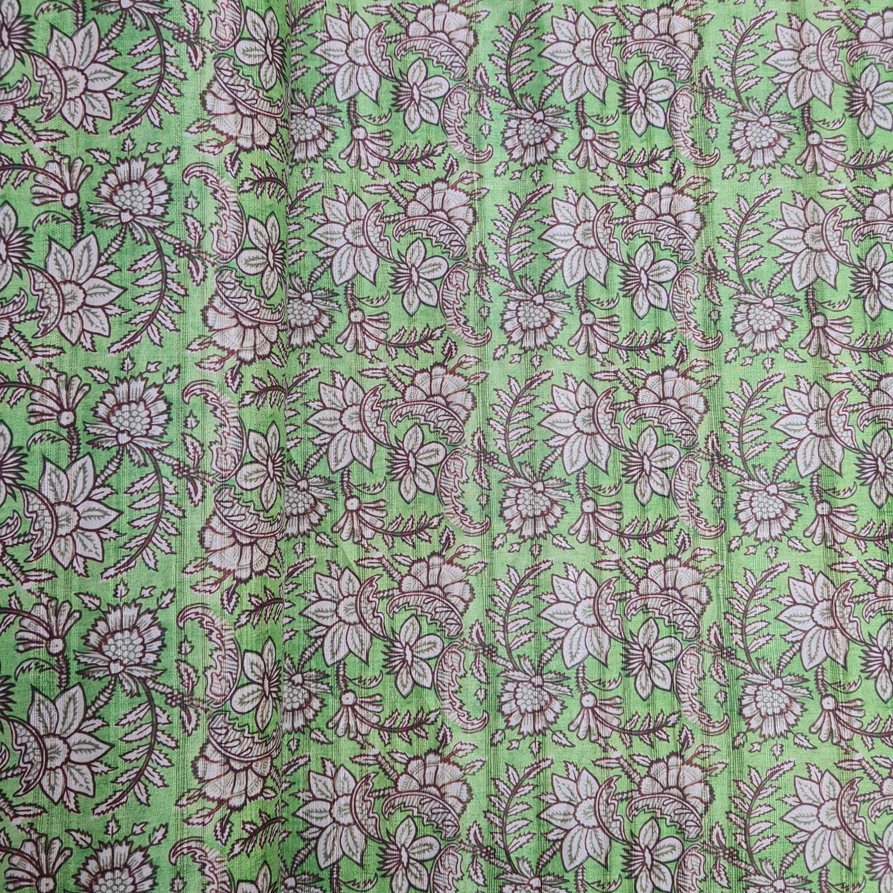 Green With Cream Floral Print Dobby TUsser Silk Fabric TU 8123 - Image 3