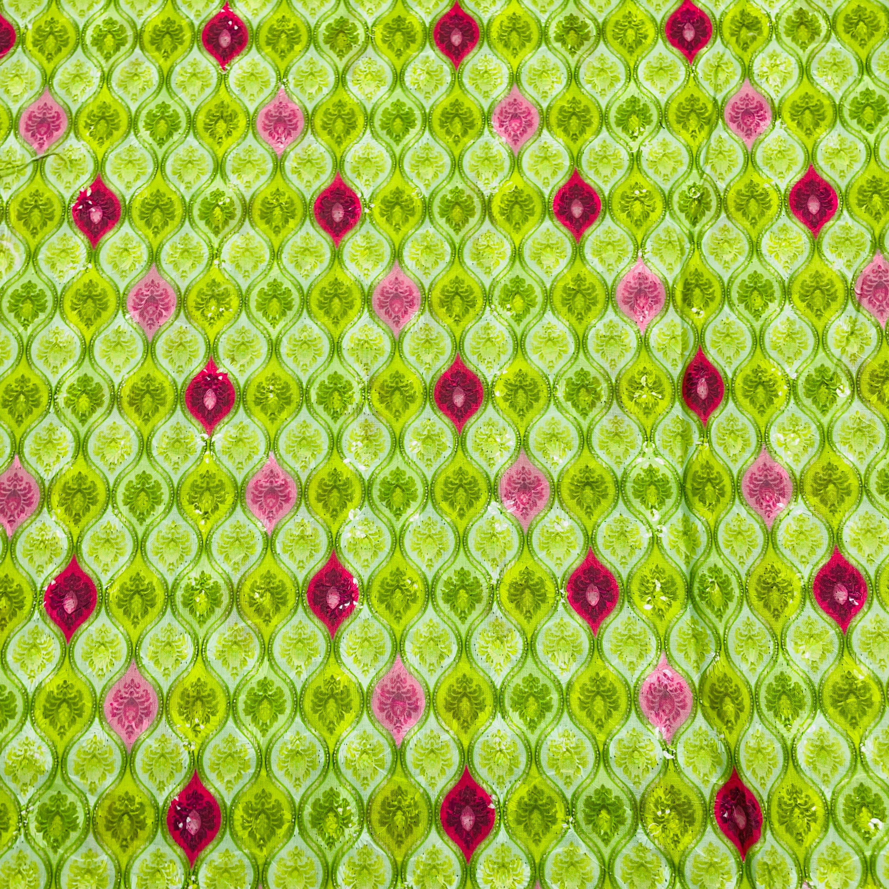 Green With Mutlicolor Cotton Embroidery Fabric - Image 2