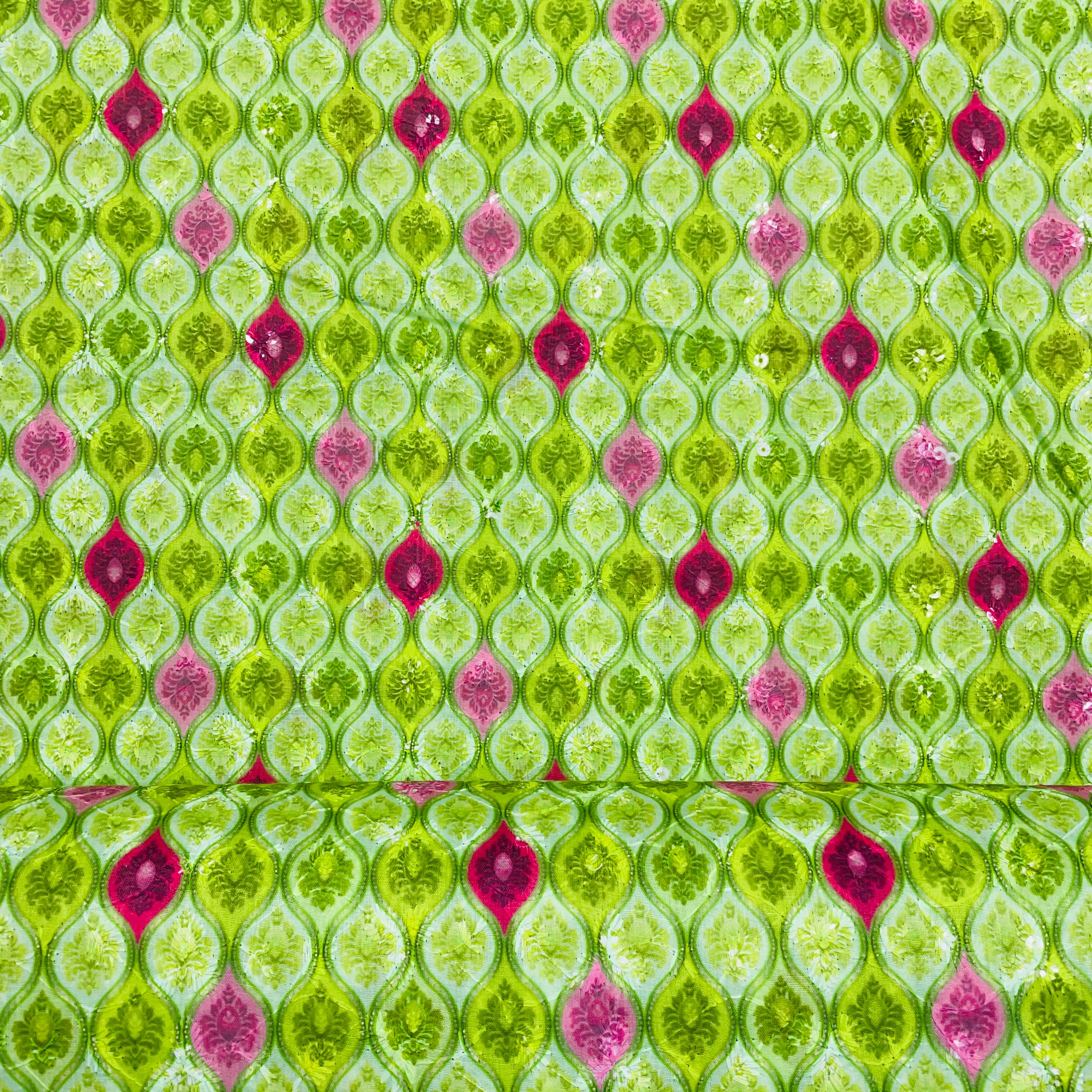 Green With Mutlicolor Cotton Embroidery Fabric - Image 3