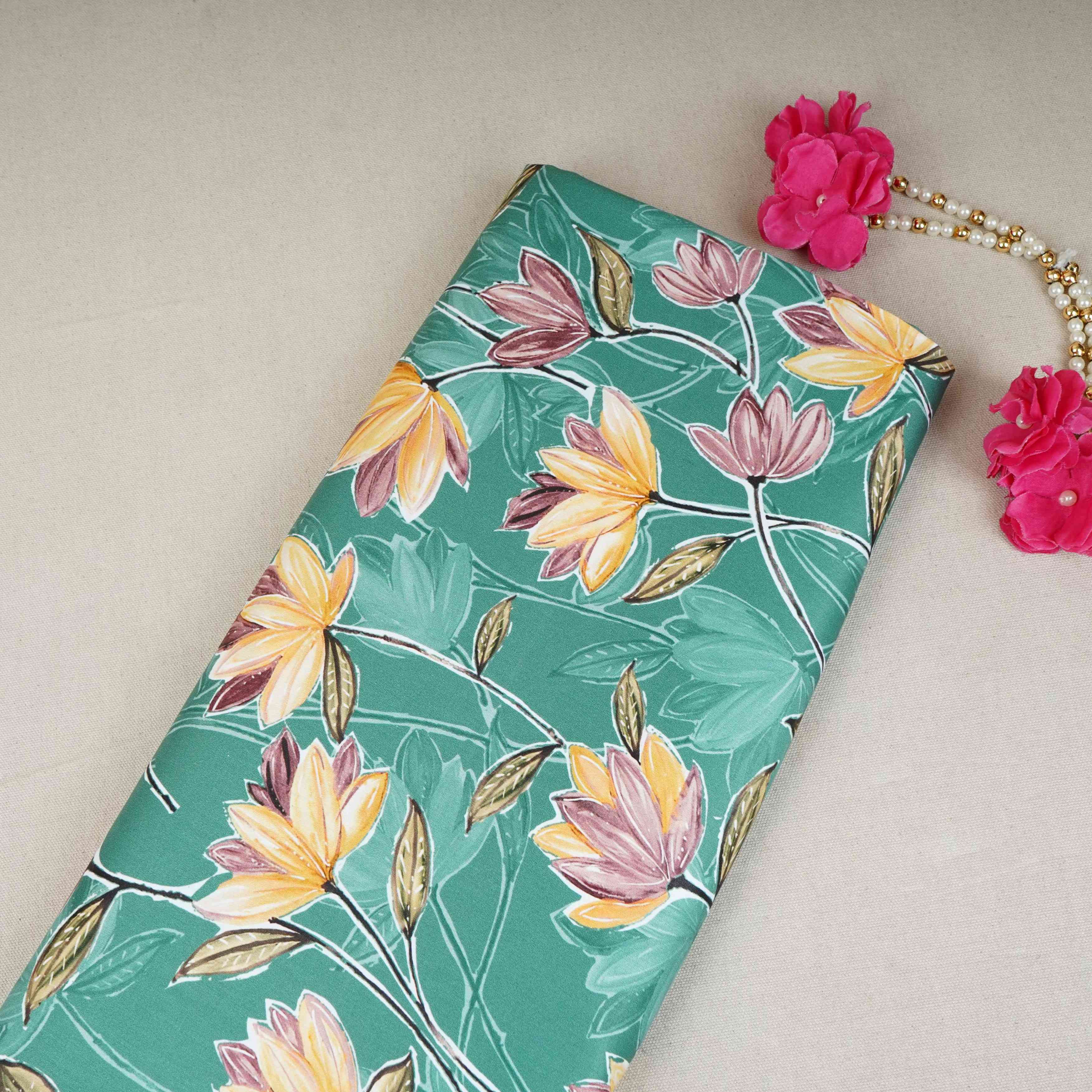 Green with Yellow Floral Print Cotton Satin Fabric PG-30444