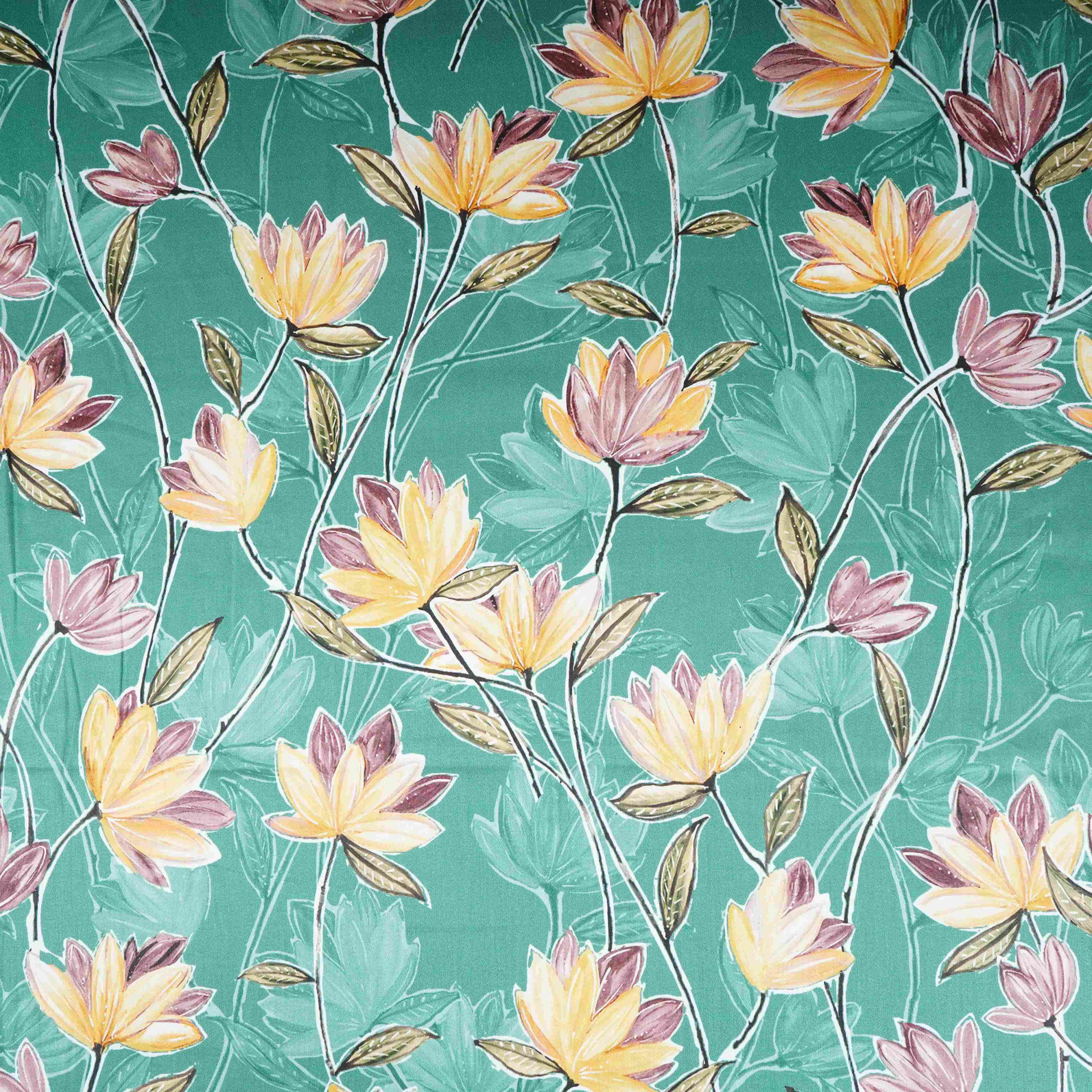 Green with Yellow Floral Print Cotton Satin Fabric PG-30444 - Image 2