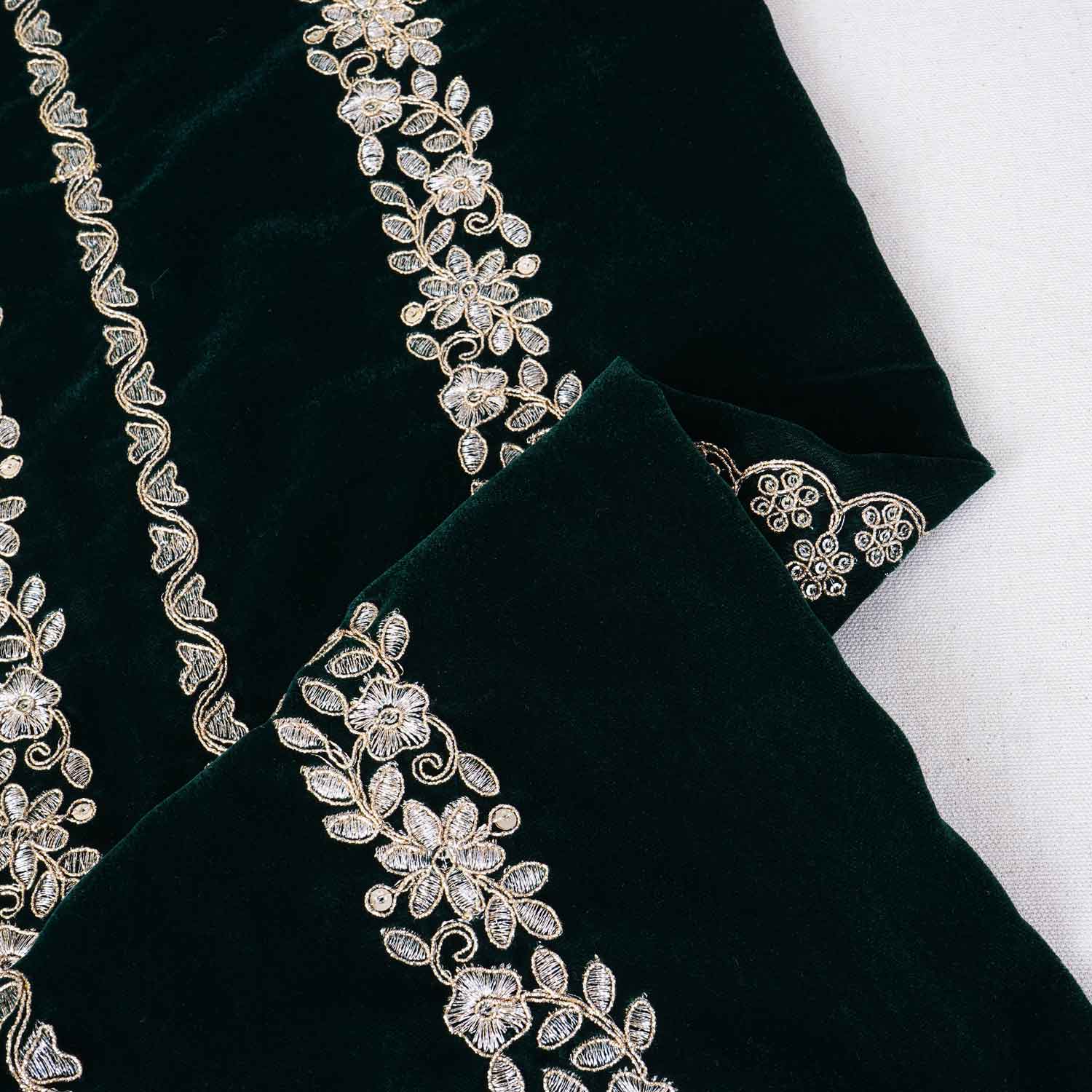 Green Zari Sequnis embroidery Velvet Fabric JD-28601 - Image 2