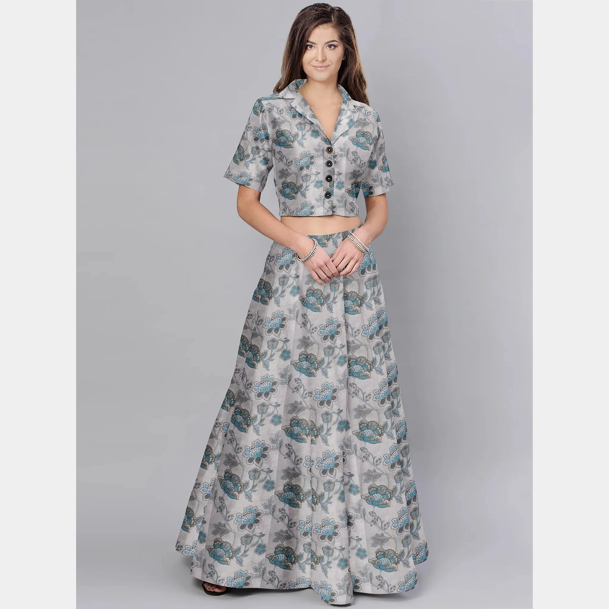 Grey Blue Floral Print Viscose Voile Fabric TU 2877 - Image 4