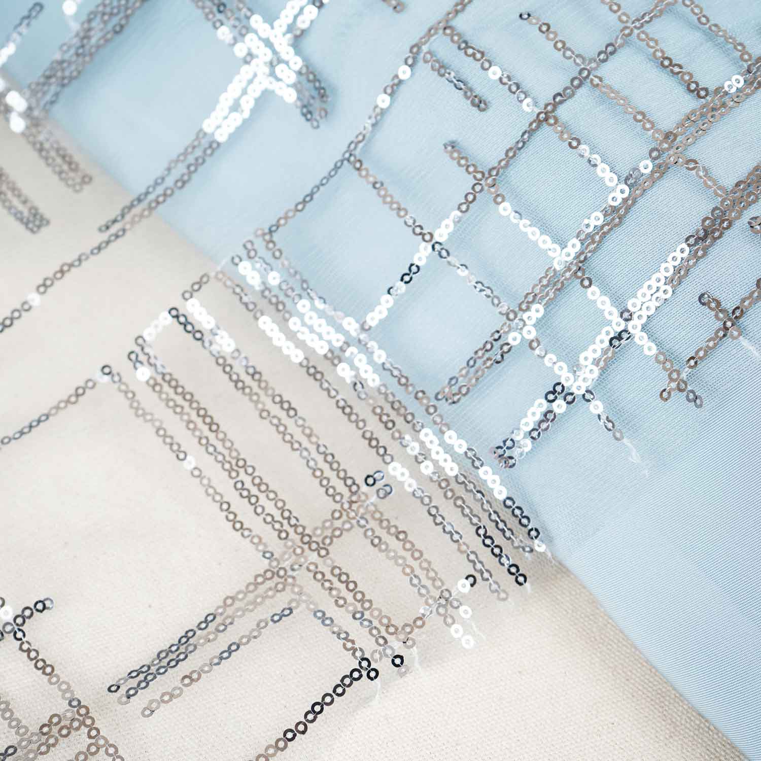 Grey Checks Sequins Embroidery Net Fabric - Image 4