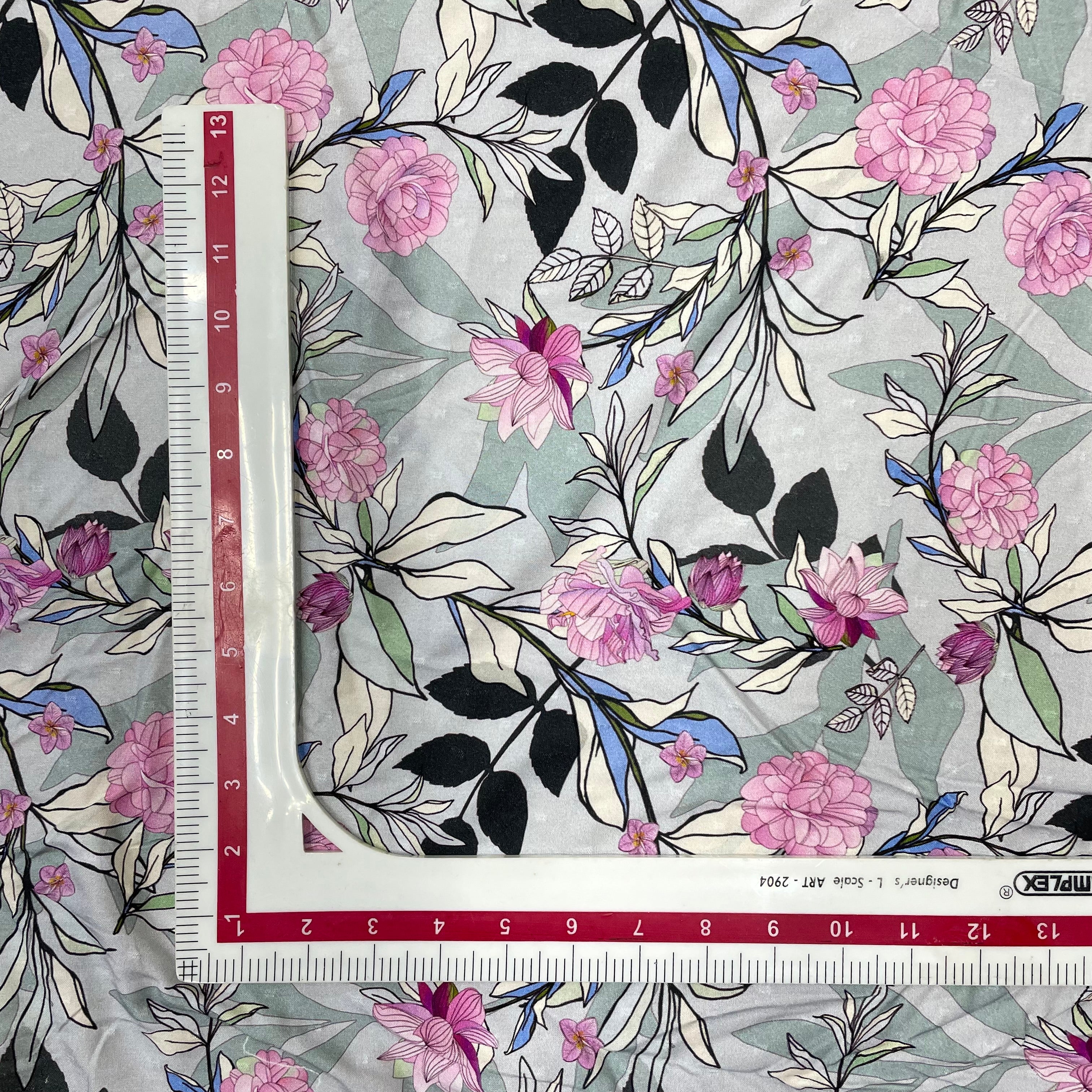Grey Floral Print Rayon Dobby Fabric - Image 3