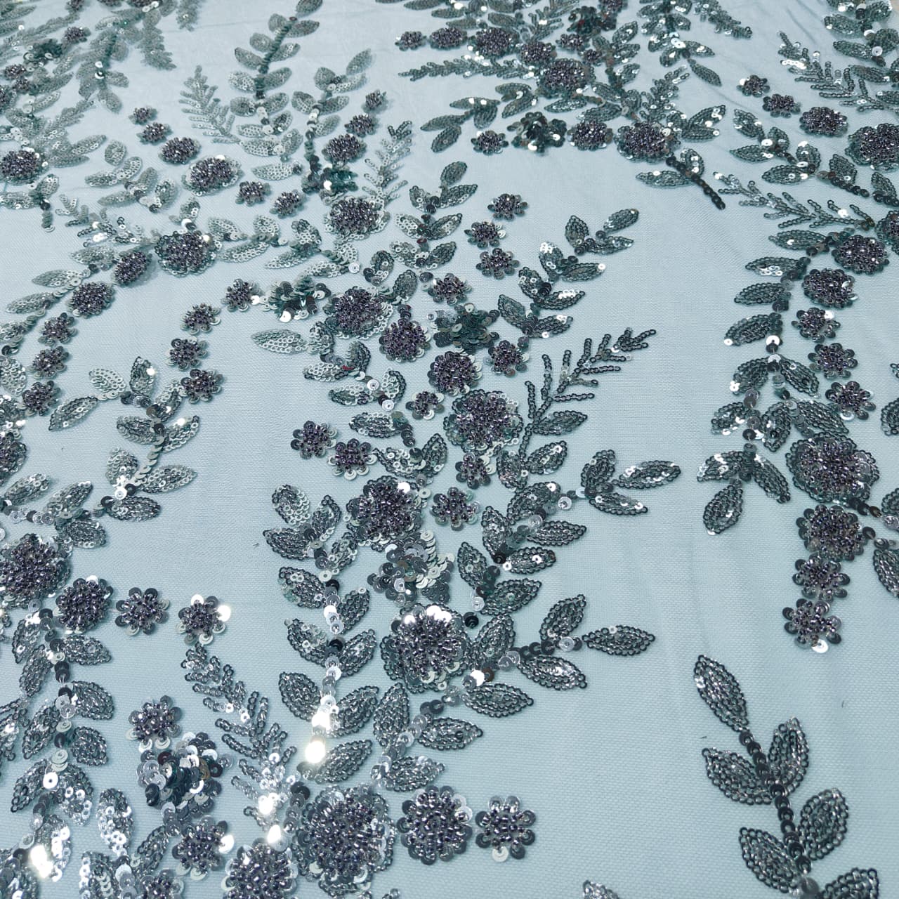 Grey Floral Sequence Handwork Embroidery Net Fabric AF-14519 - Image 2