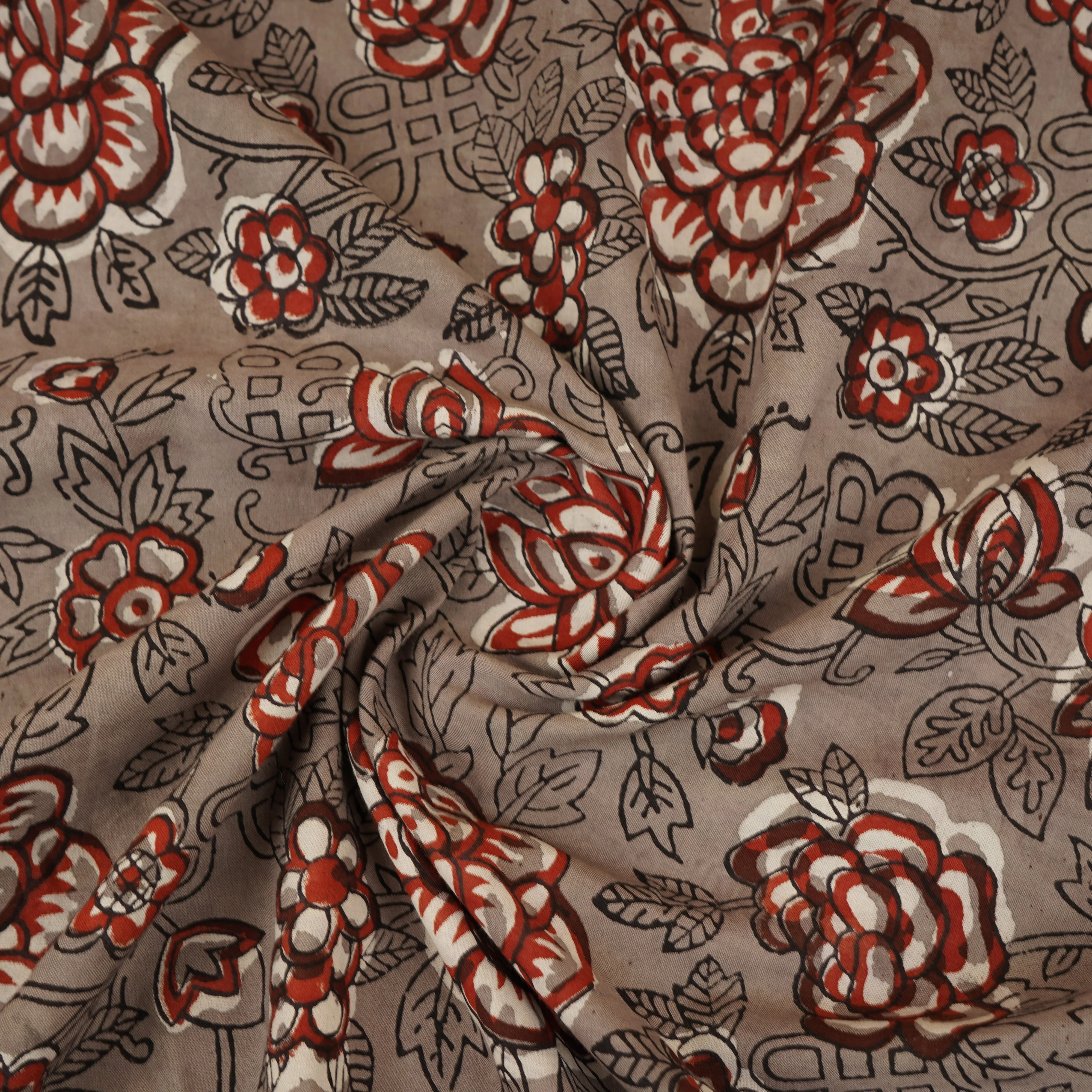 Grey & Red Floral Block Print Cotton Fabric CH-29759 - Image 3