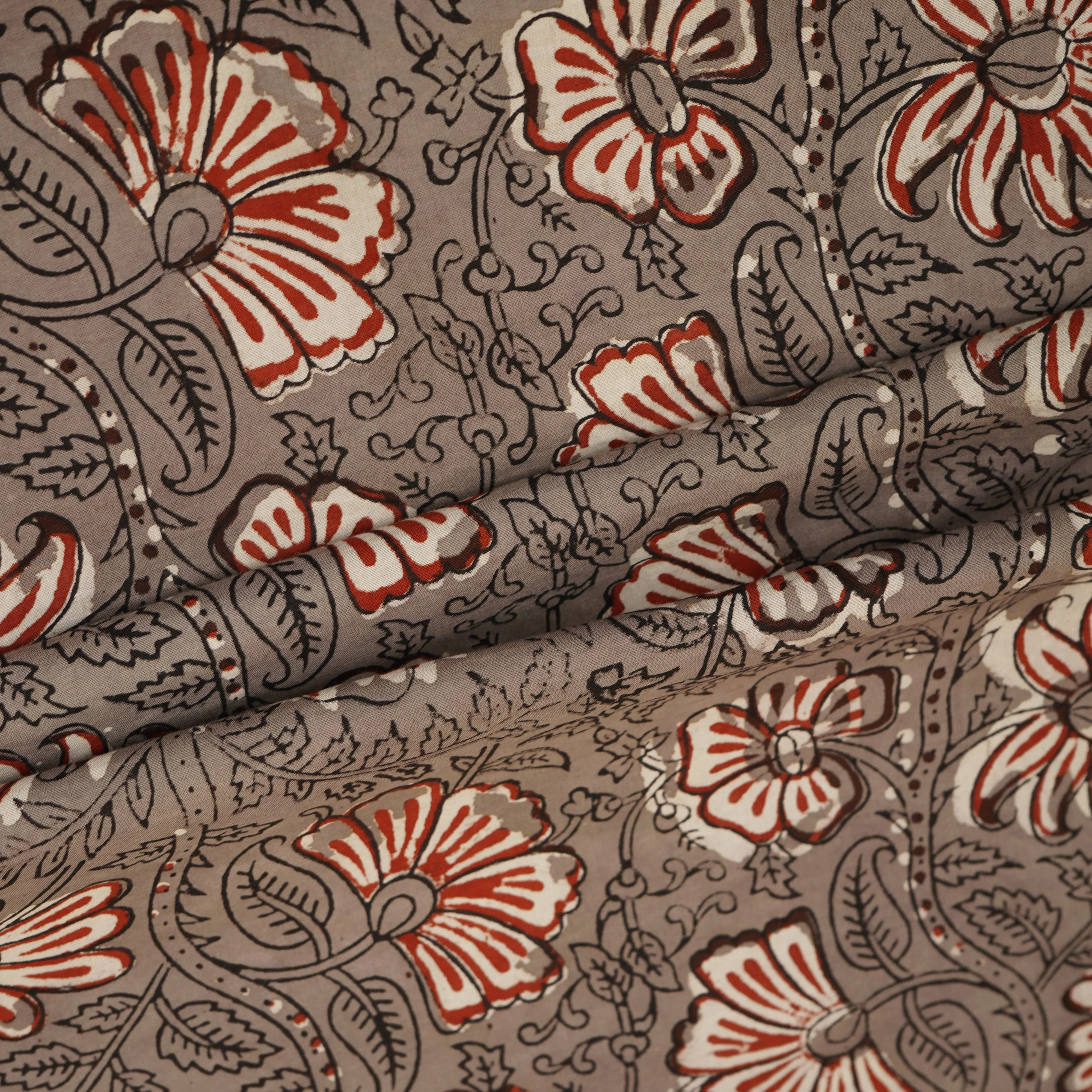 Grey & Red Kalamkari Print Cotton Fabric CH-29760 - Image 4