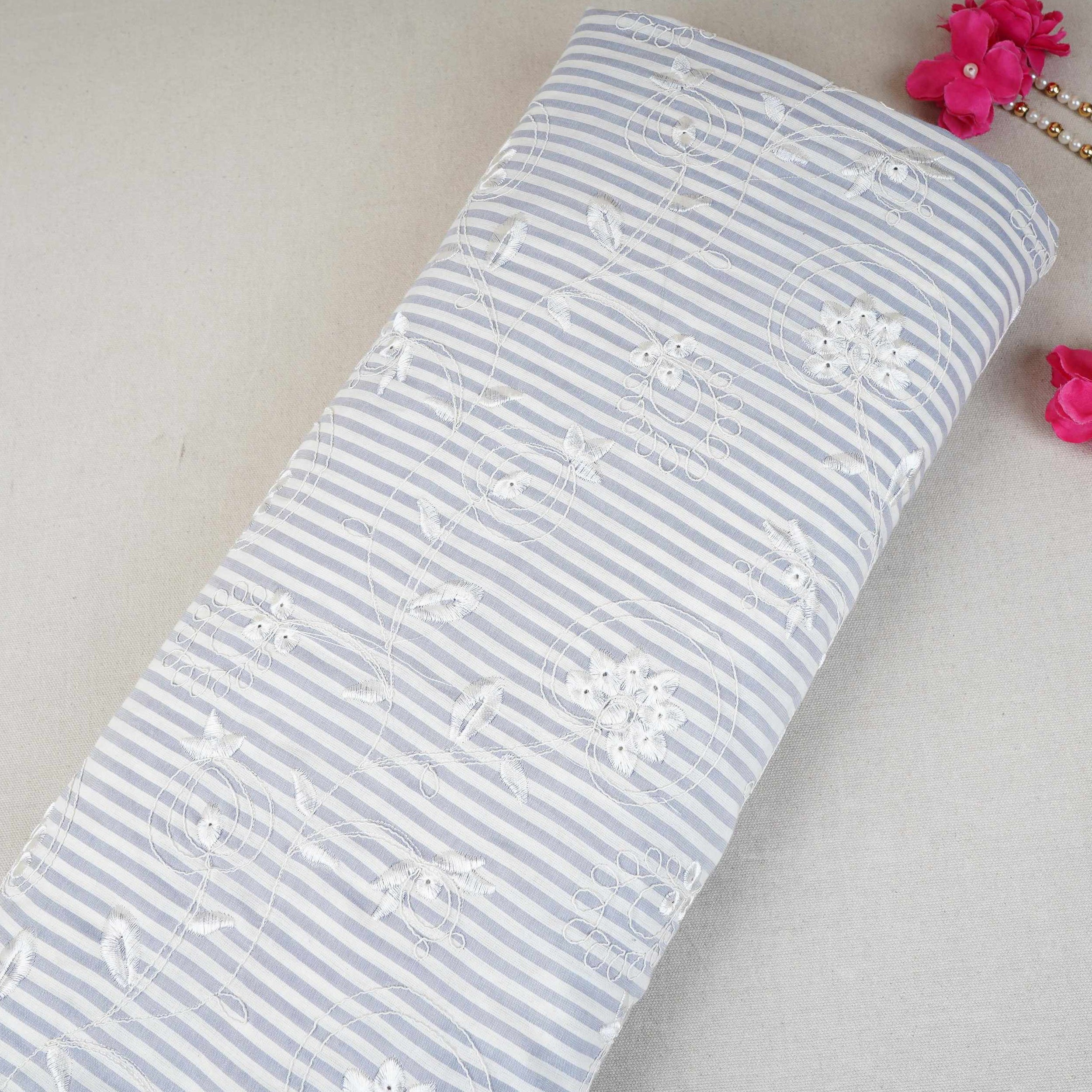 Grey Stripes Floral Embroidery South Cotton Fabric ZA-30586