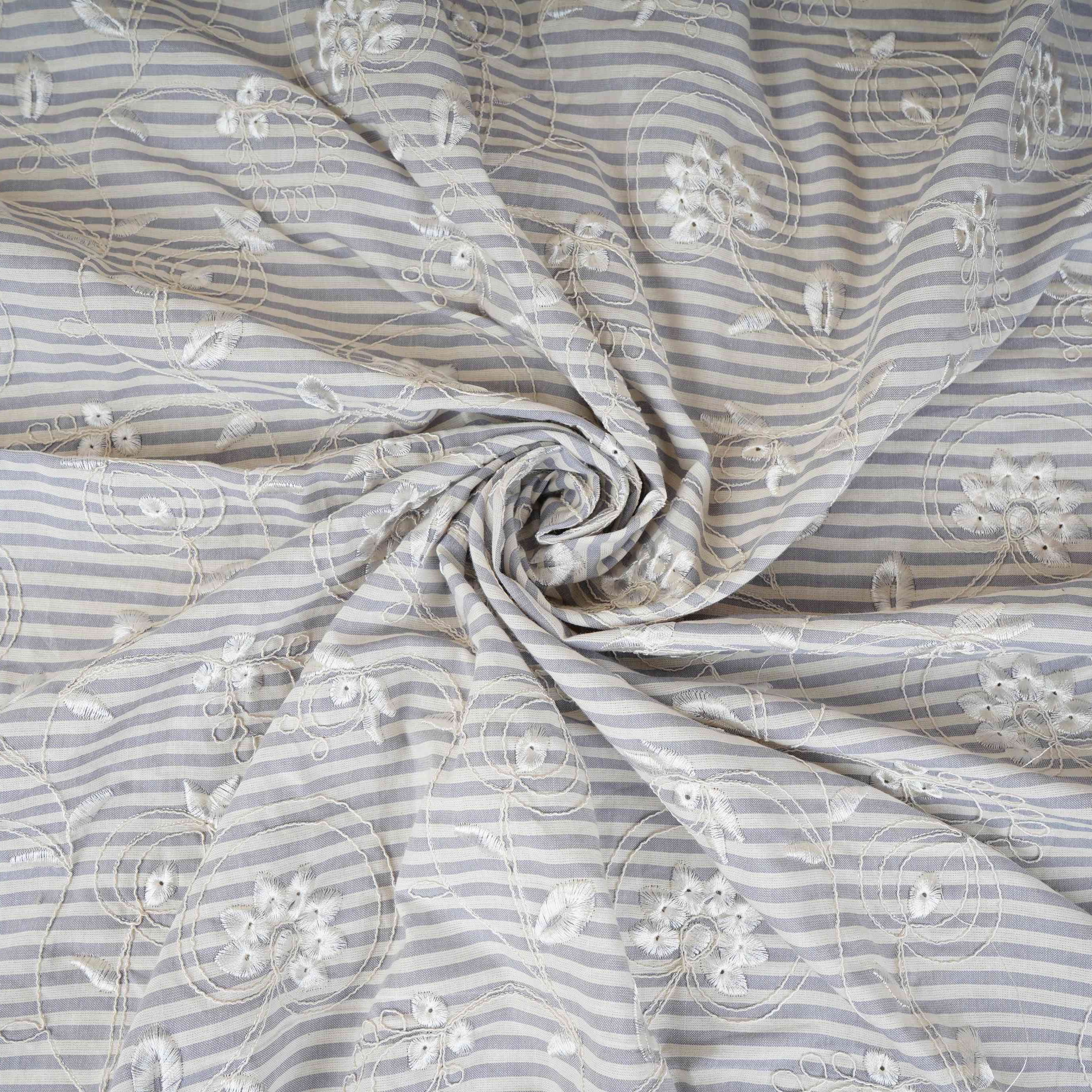 Grey Stripes Floral Embroidery South Cotton Fabric ZA-30586 - Image 3
