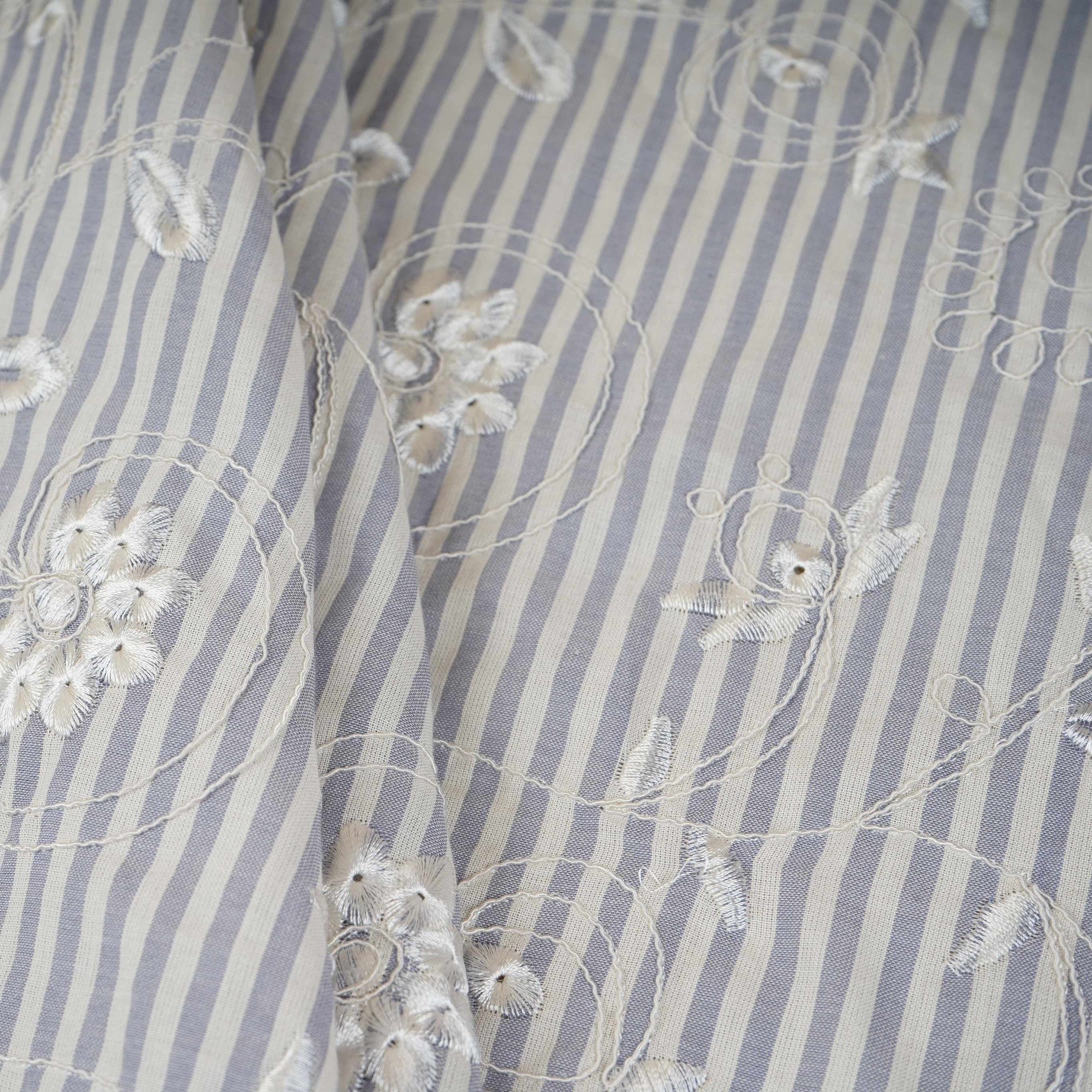 Grey Stripes Floral Embroidery South Cotton Fabric ZA-30586 - Image 4