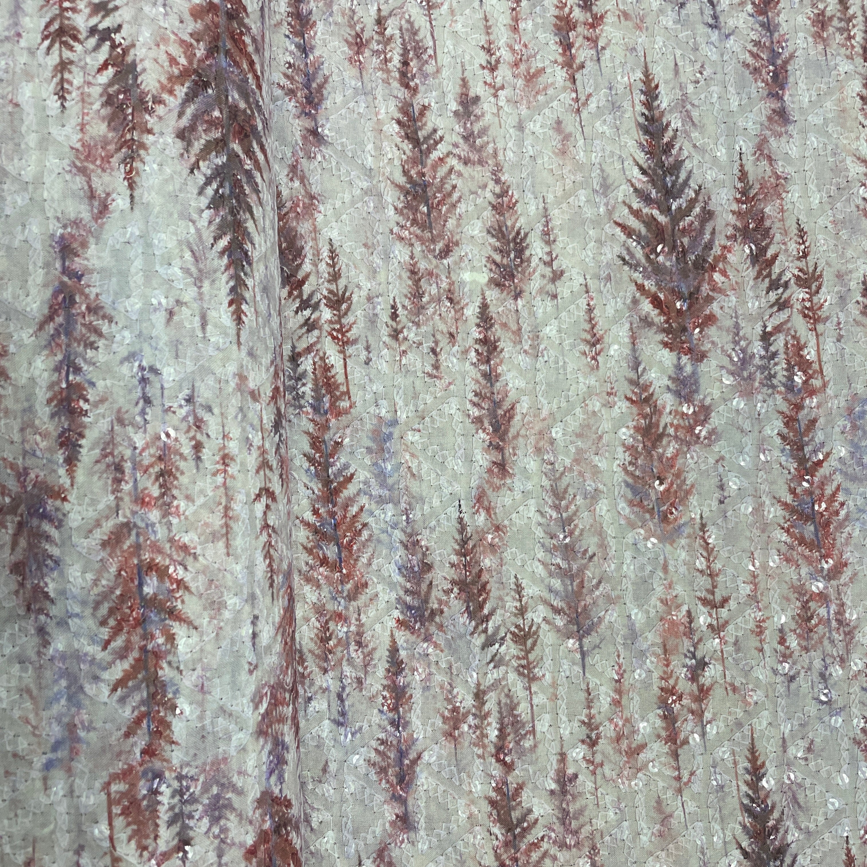 Lavender Floral Print Sequins Embroidery Blended Cotton Fabric - Image 3