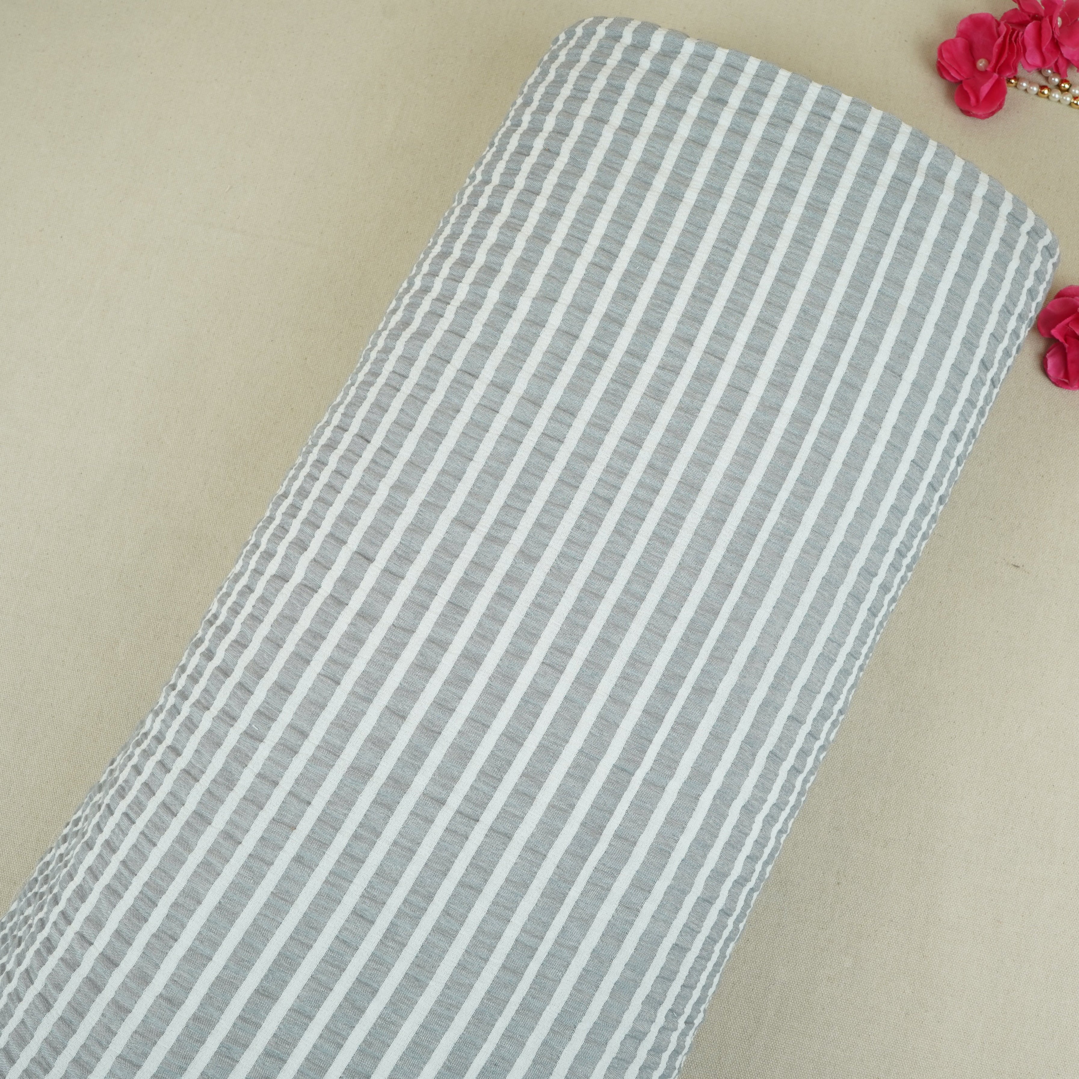 Grey with White Stripes Seer sucker Cotton Fabric RS-30204
