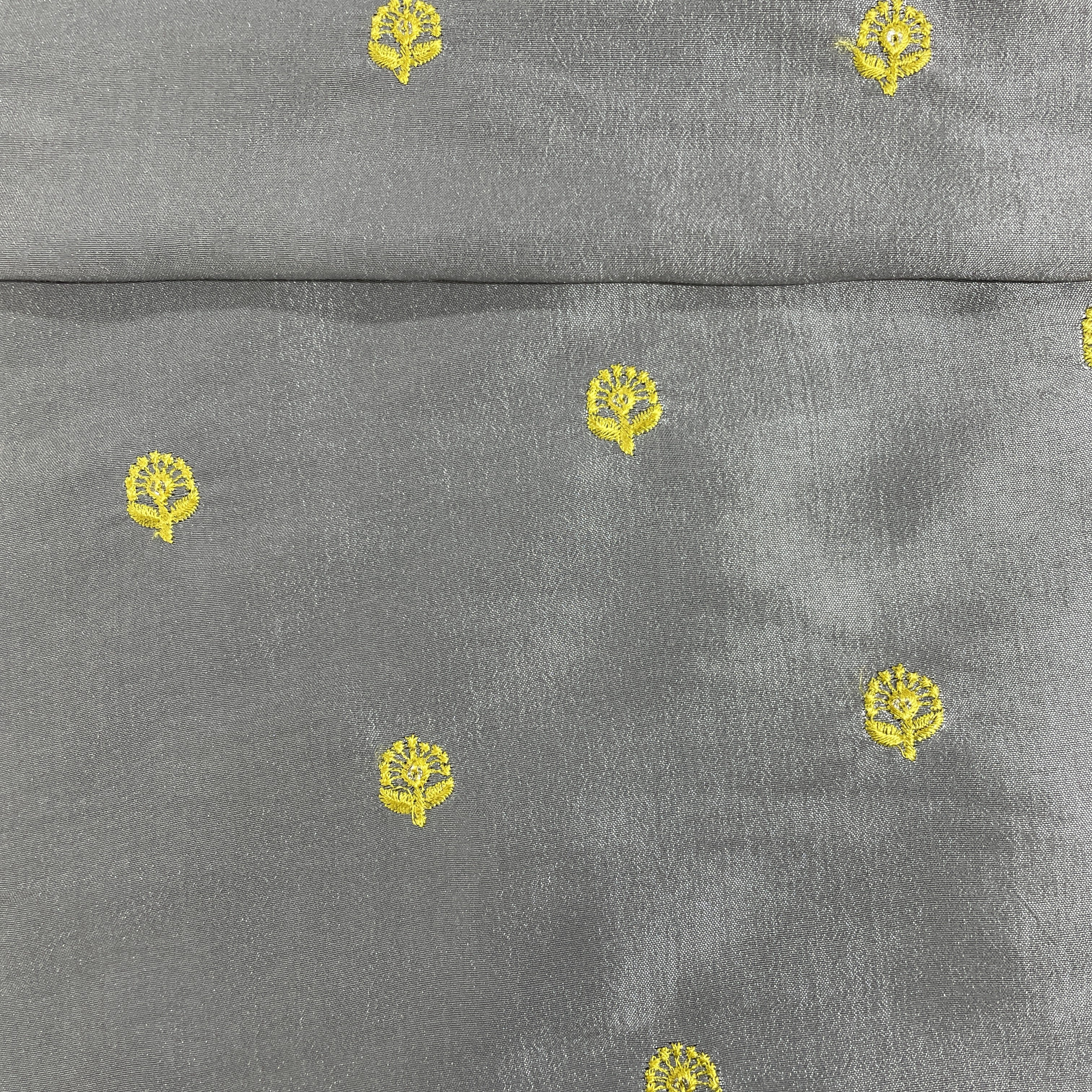 Grey & Yellow Floral Sequence Embroidery Russian Silk - Image 2