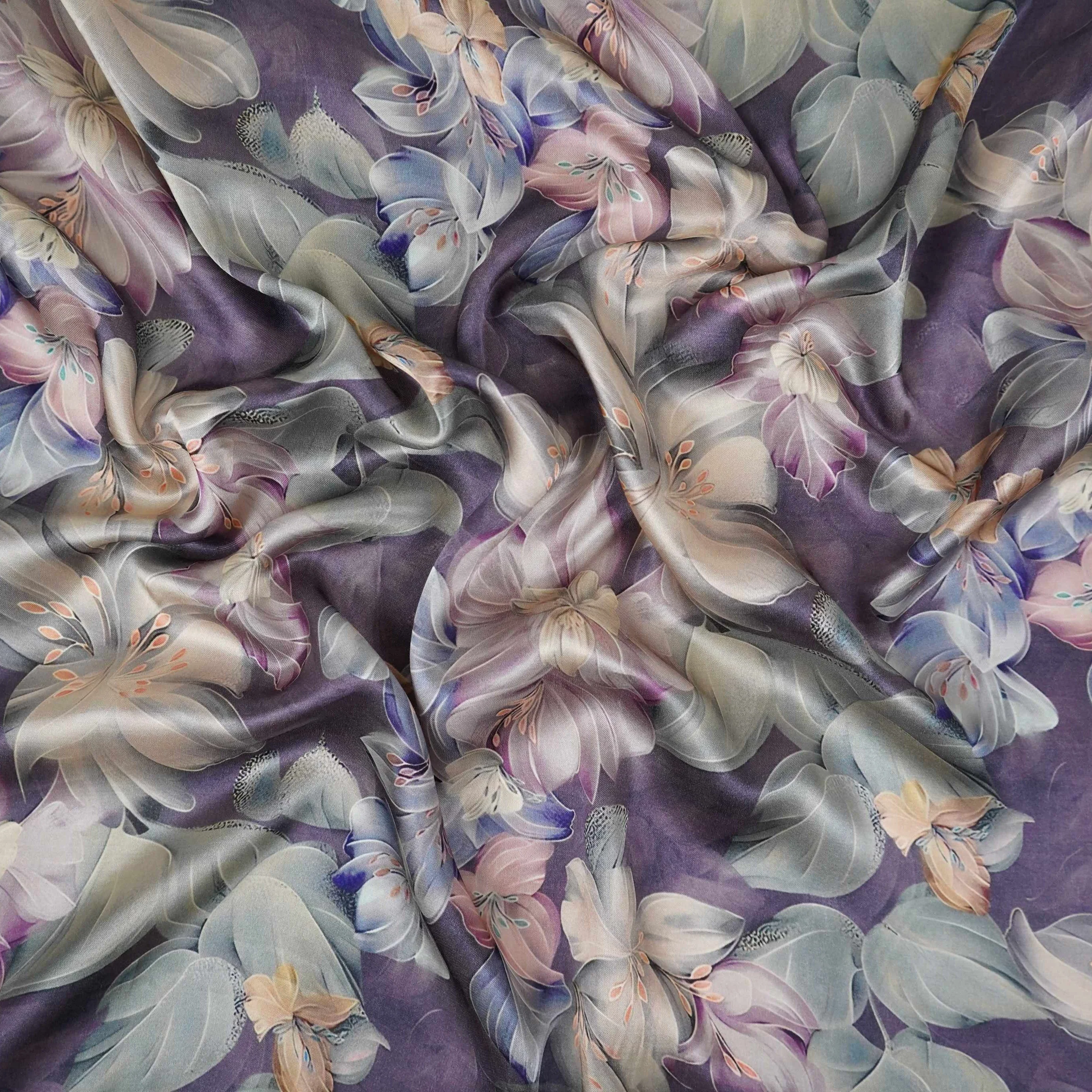 Greyish Purple floral print Silk Satin Fabric NVC-31573 - Image 3