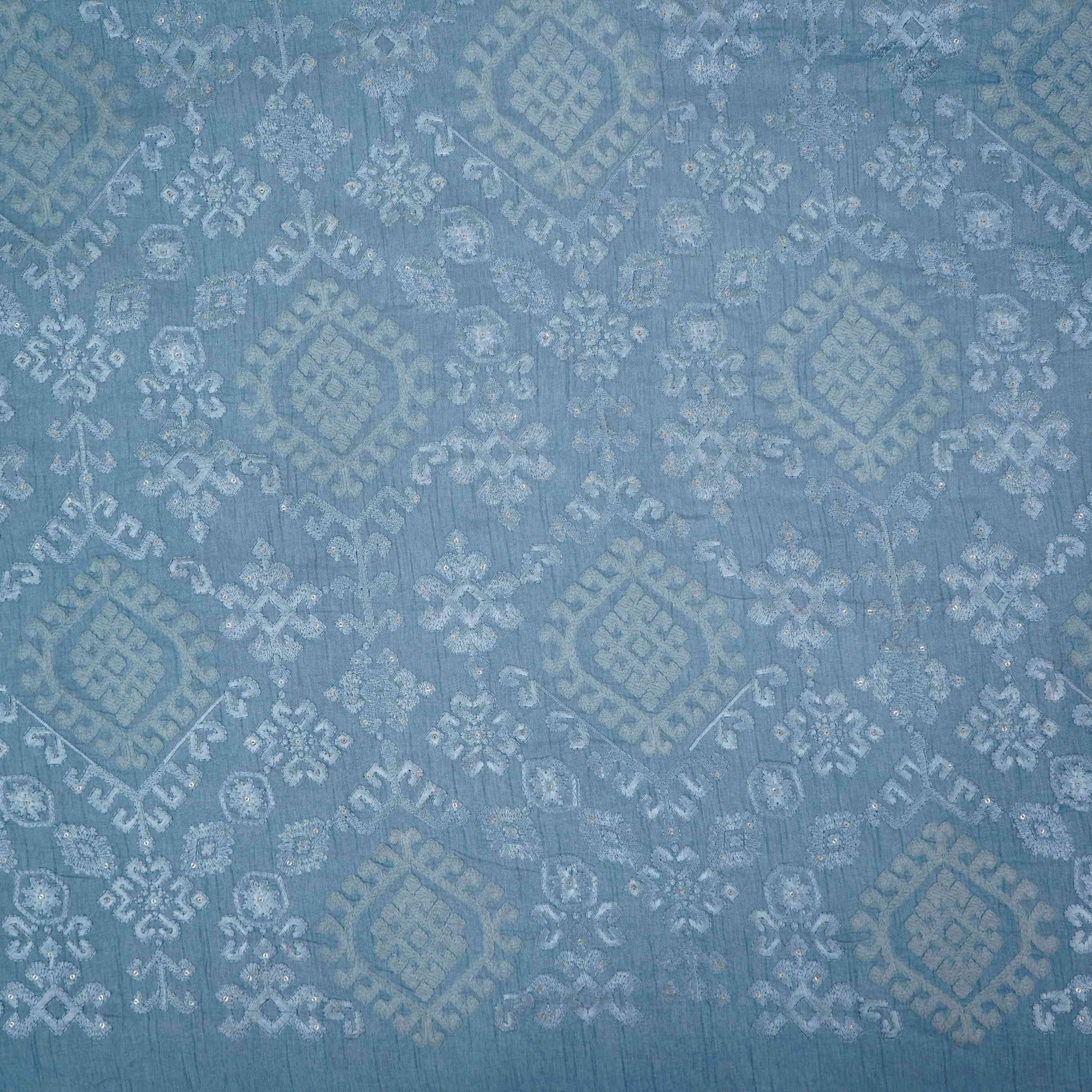 Ice Blue floral embroidery Raw Silk Fabric VFS-31665 - Image 2