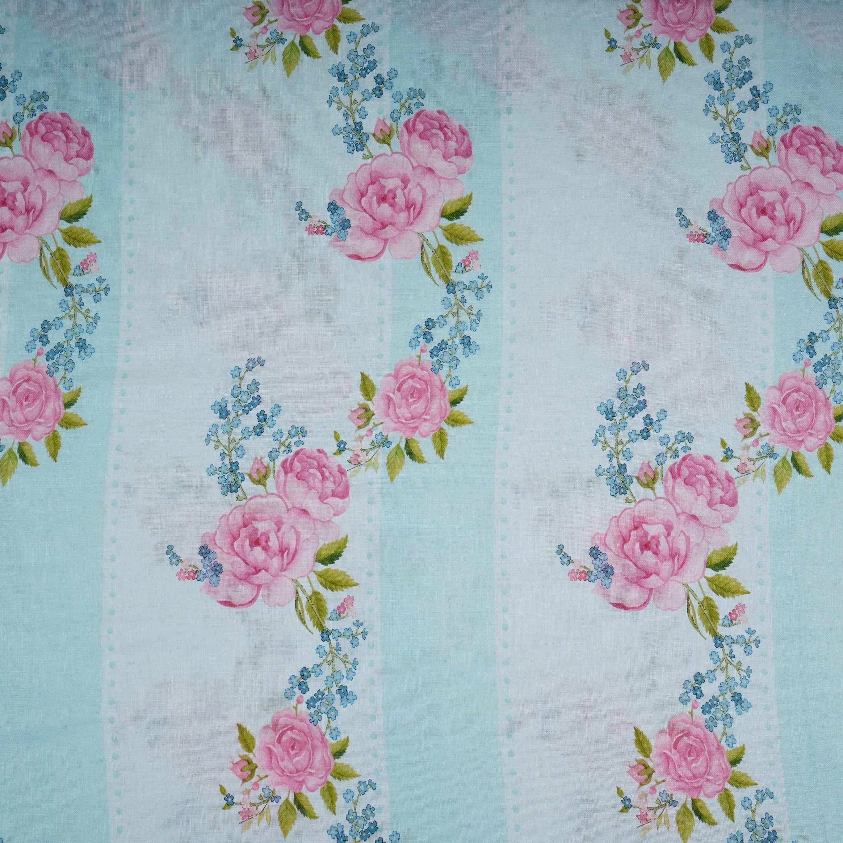 Ice Blue floral stripes print 40s Pure Linen Fabric VF-31320 - Image 2