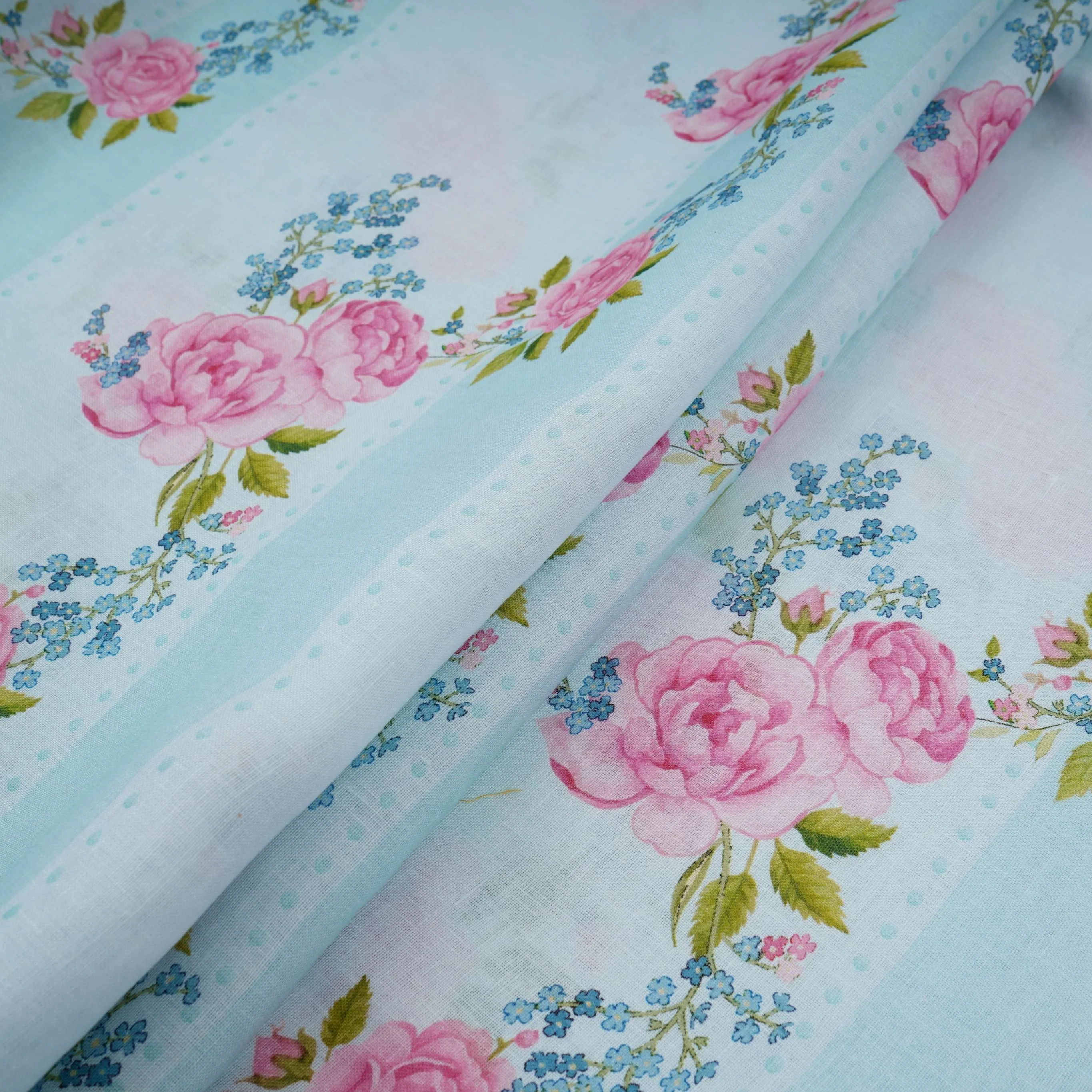 Ice Blue floral stripes print 40s Pure Linen Fabric VF-31320 - Image 4