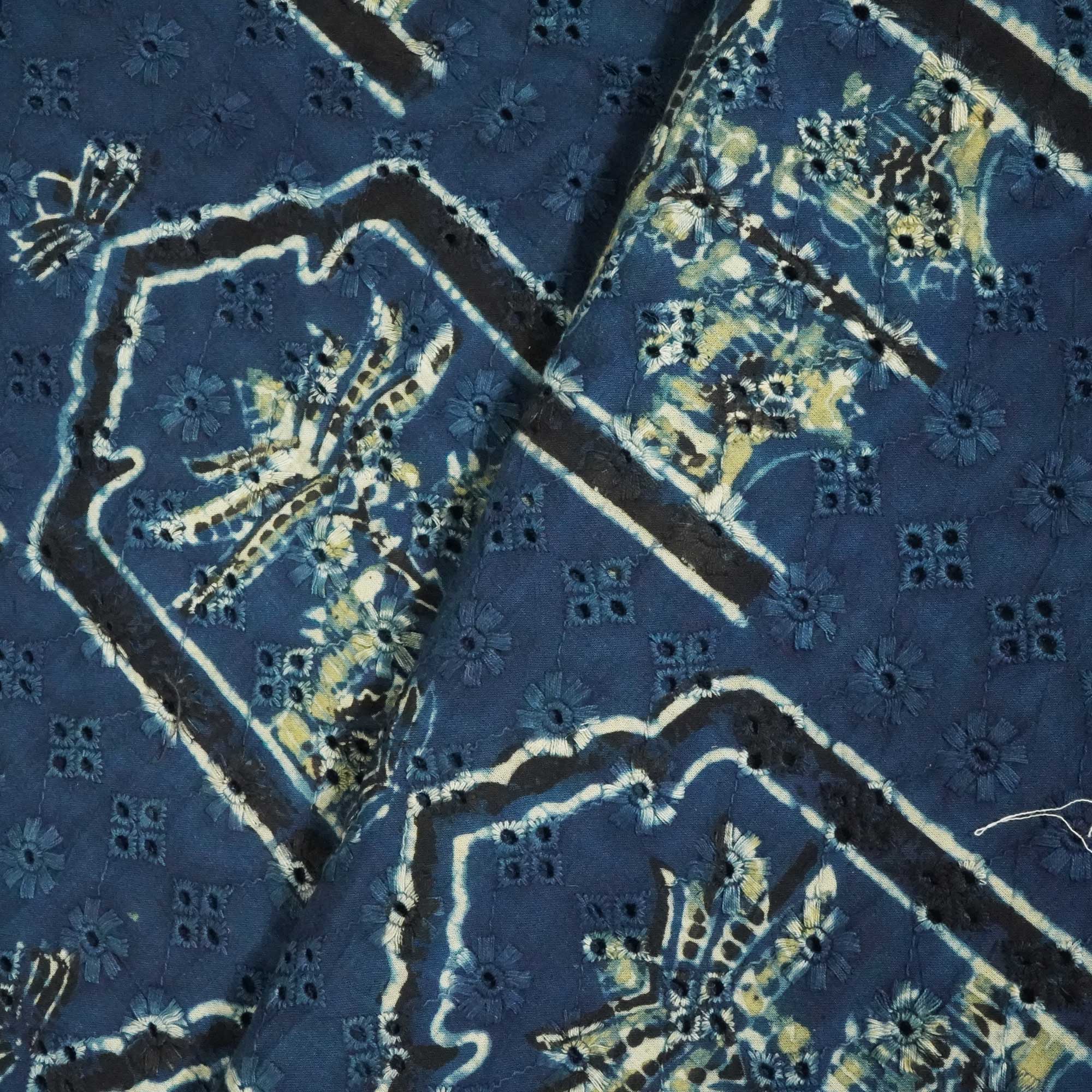 Indigo Pichwai Stripes Print Cotton Schiffli Fabric CG-25539 - Image 3