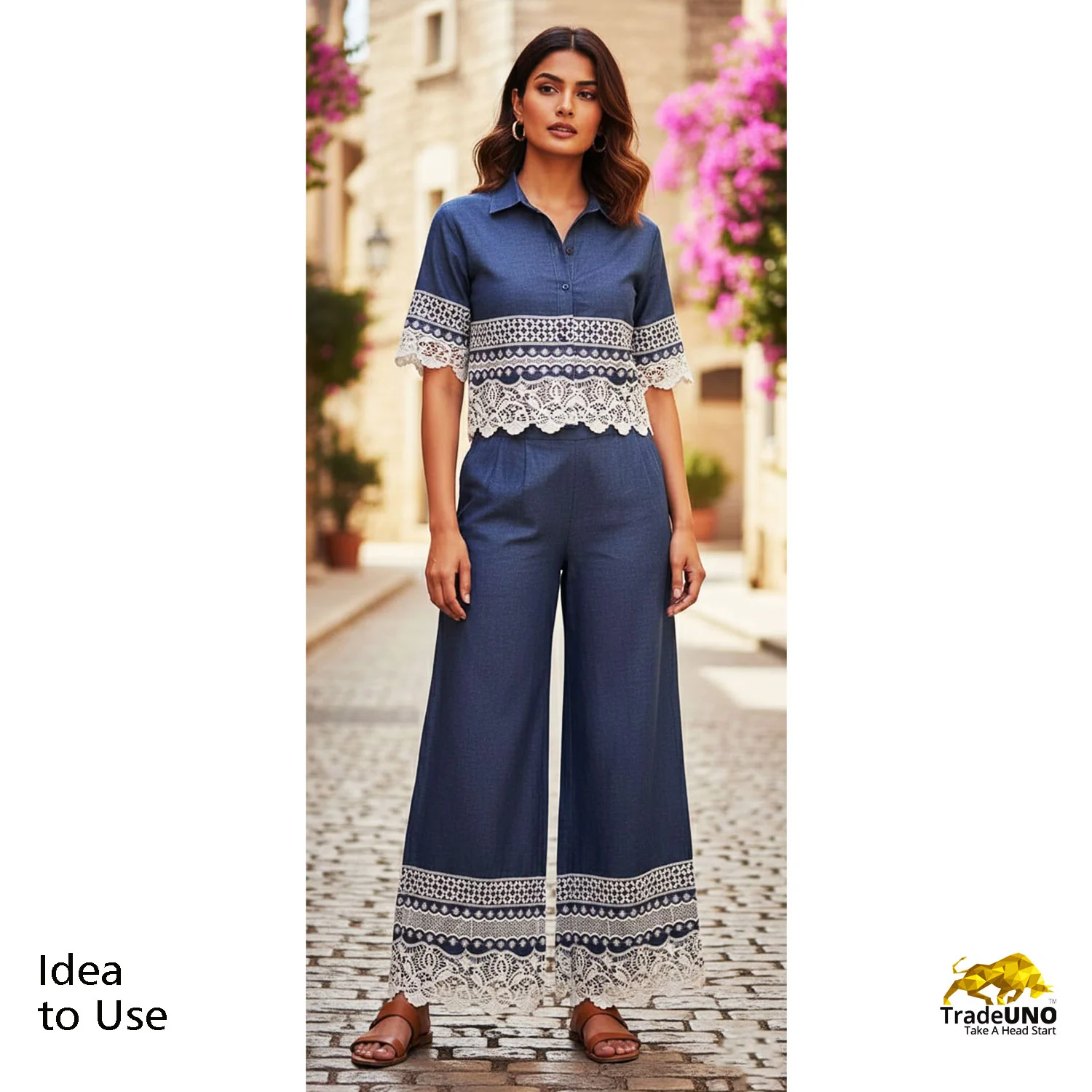 Indigo Schiffli On Border Cotton Denim Fabric AF-25857 - Image 5