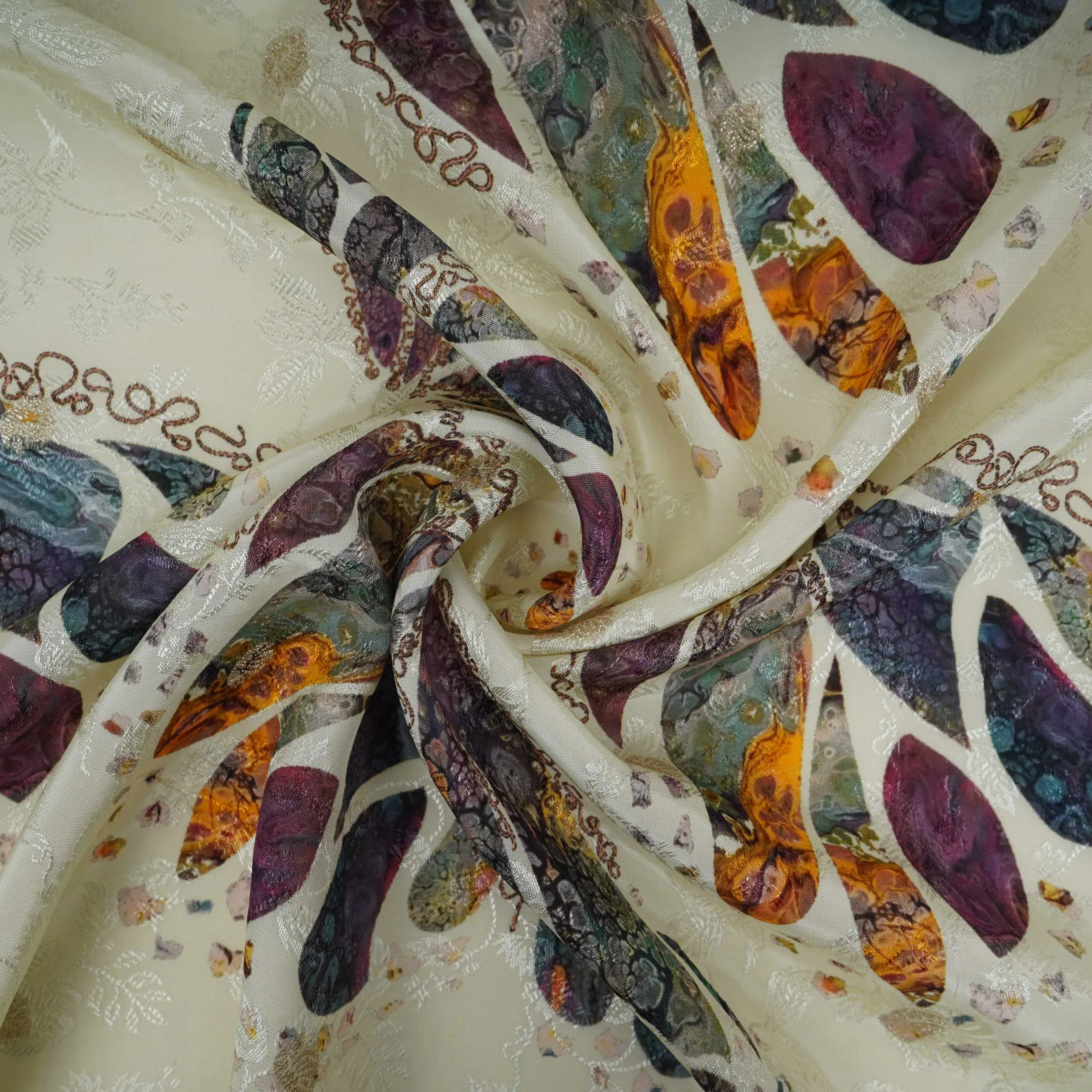 Ivory Abstract zari jacquard Pure Bemberg Crepe Fabric MTF-31814 - Image 4