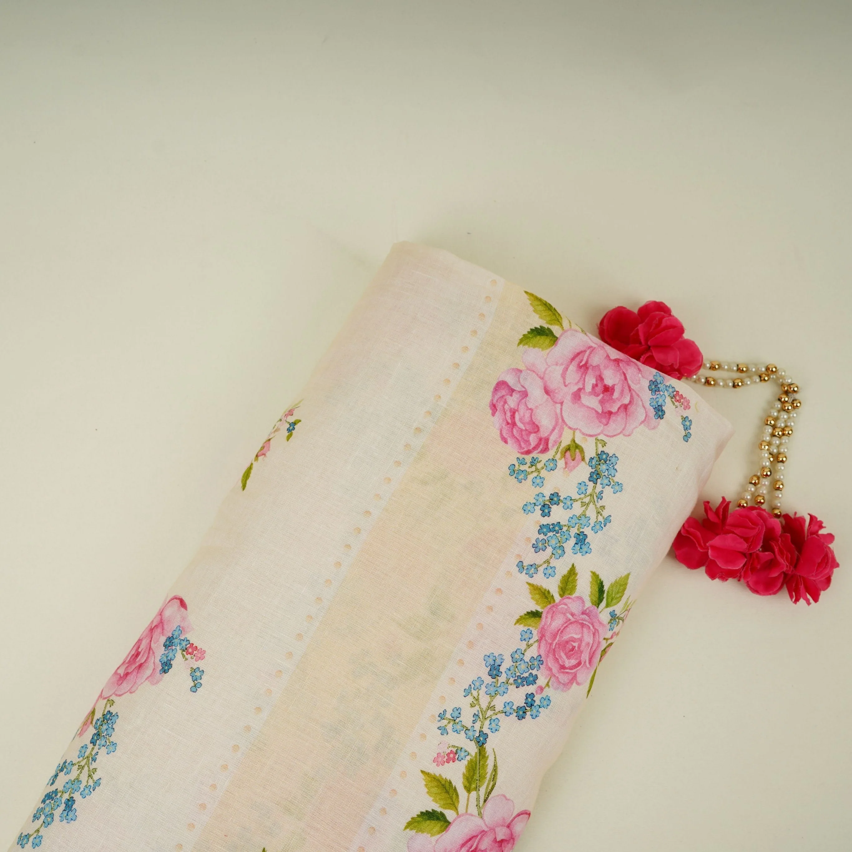 Ivory floral stripes print 40s Pure Linen Fabric VF-31322