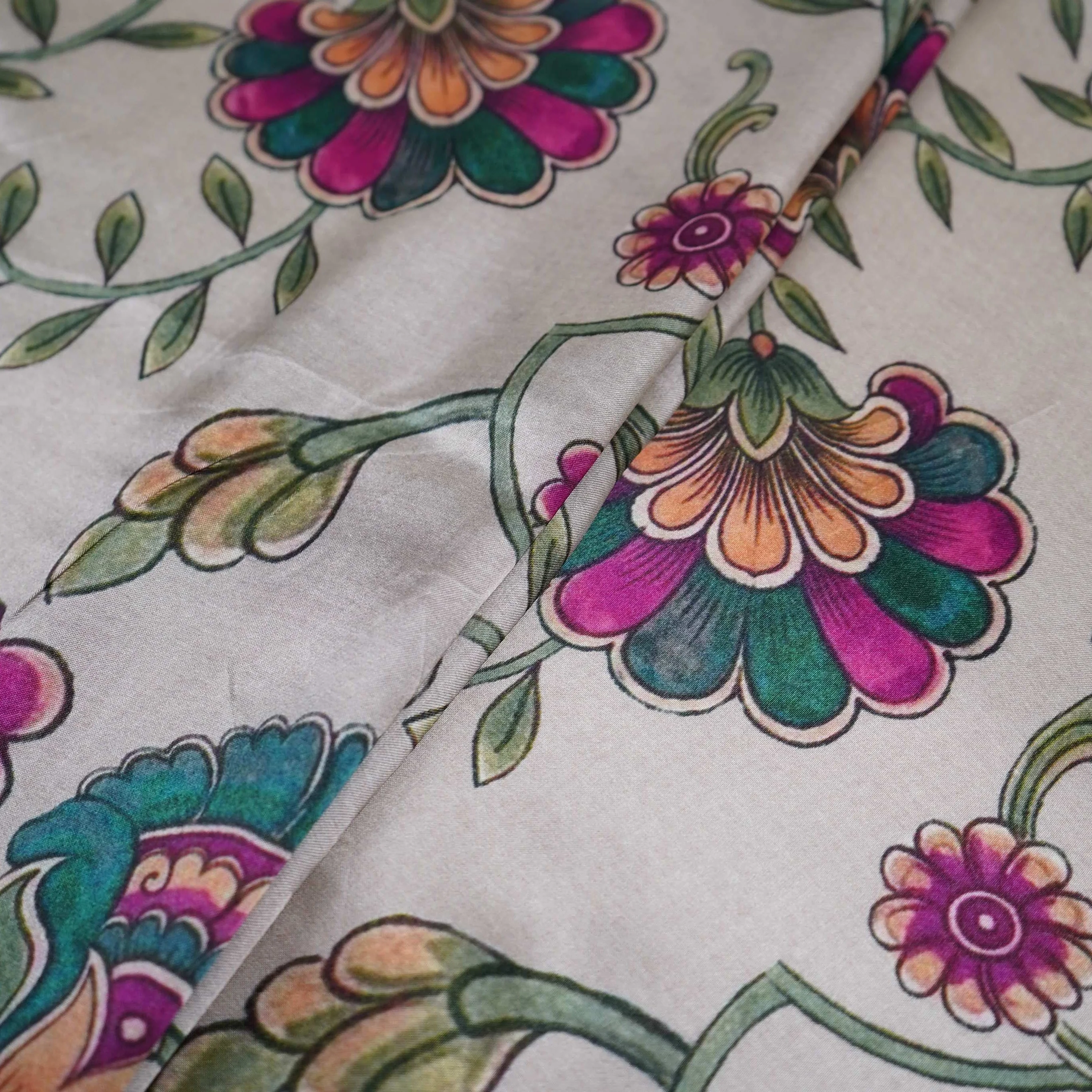 Ivory Mughal floral print Bemberg Modal Silk Fabric KTP-31394 - Image 4