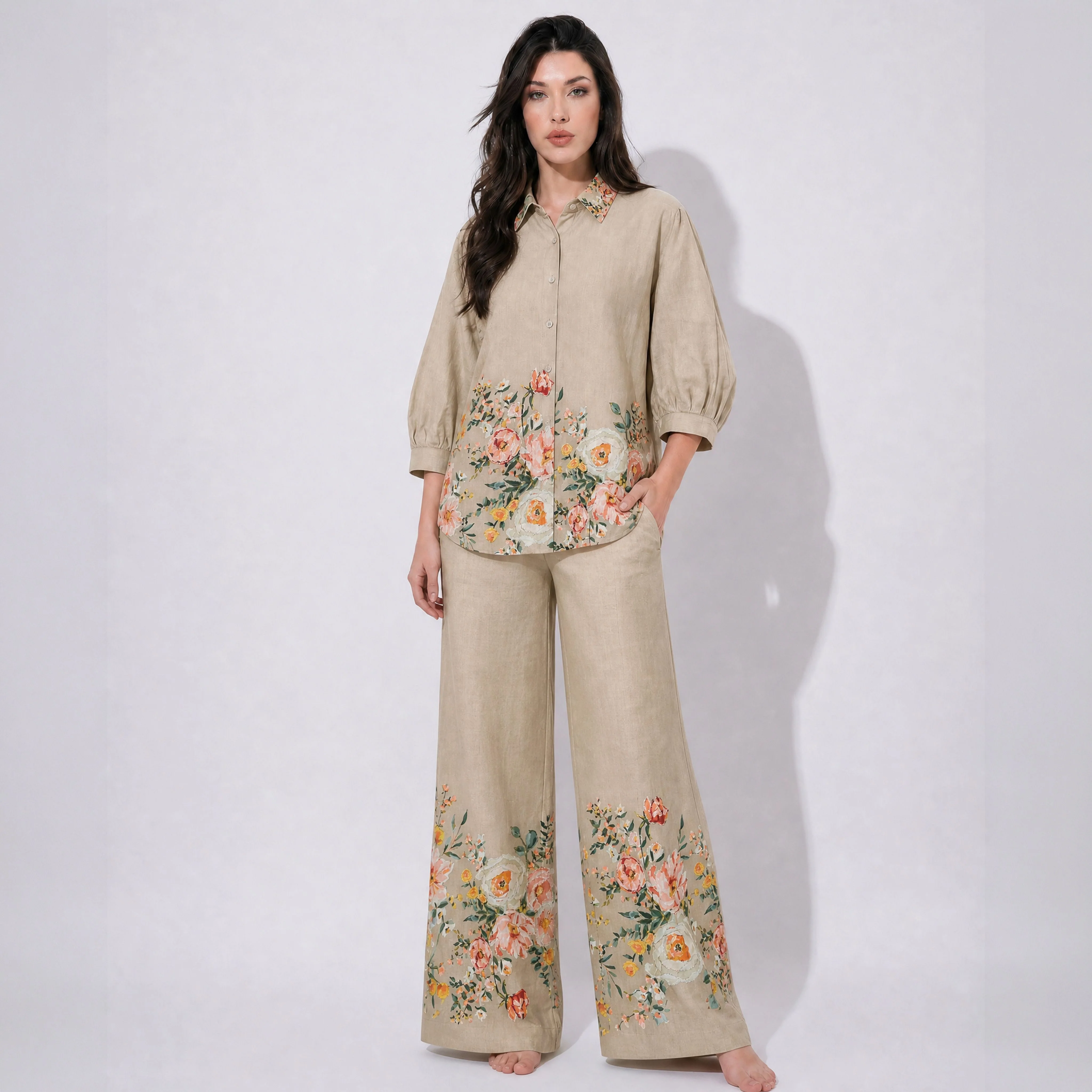 Khaki Floral Thread Embroidery Cotton Lawn Coord Set SM-31937
