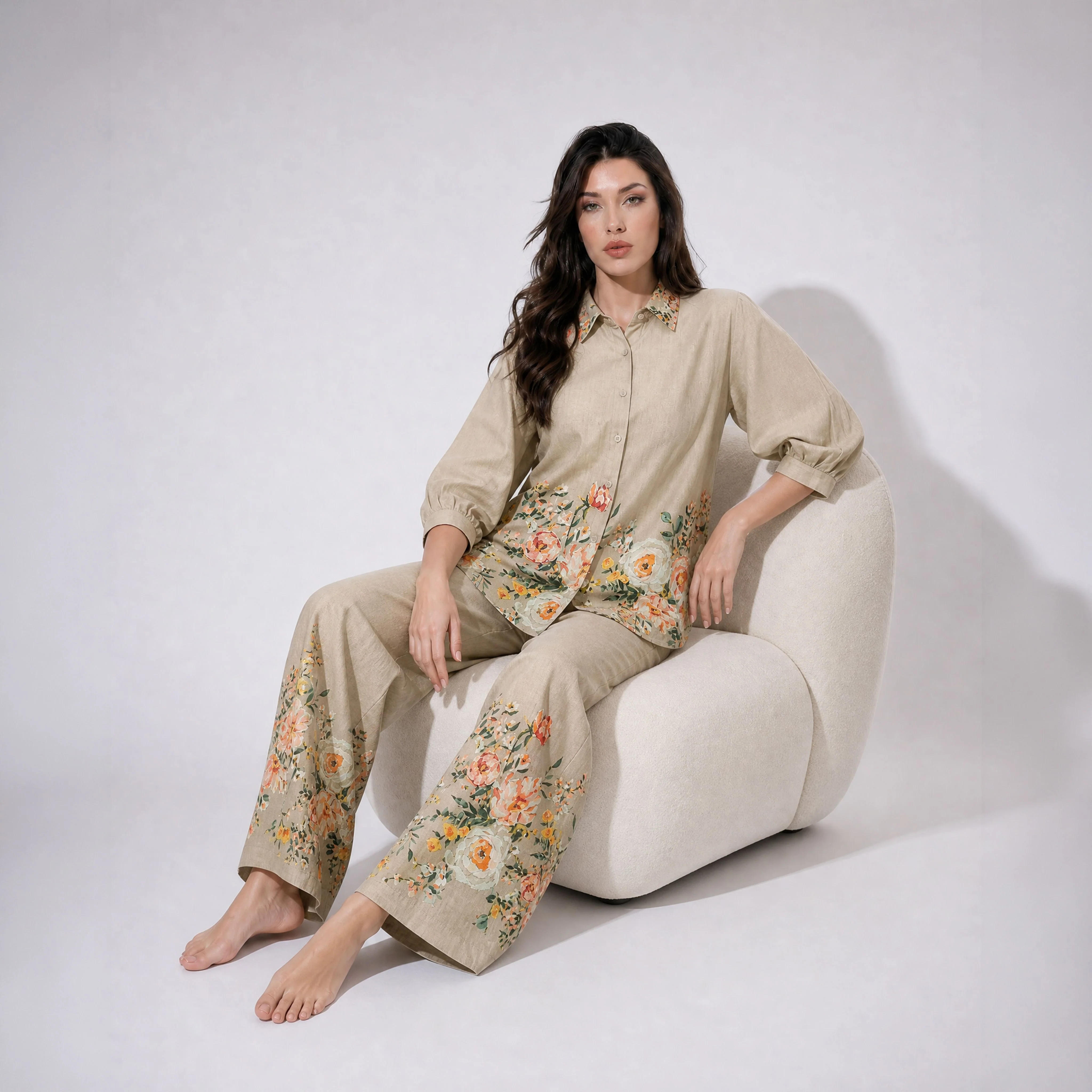 Khaki Floral Thread Embroidery Cotton Lawn Coord Set SM-31937 - Image 3
