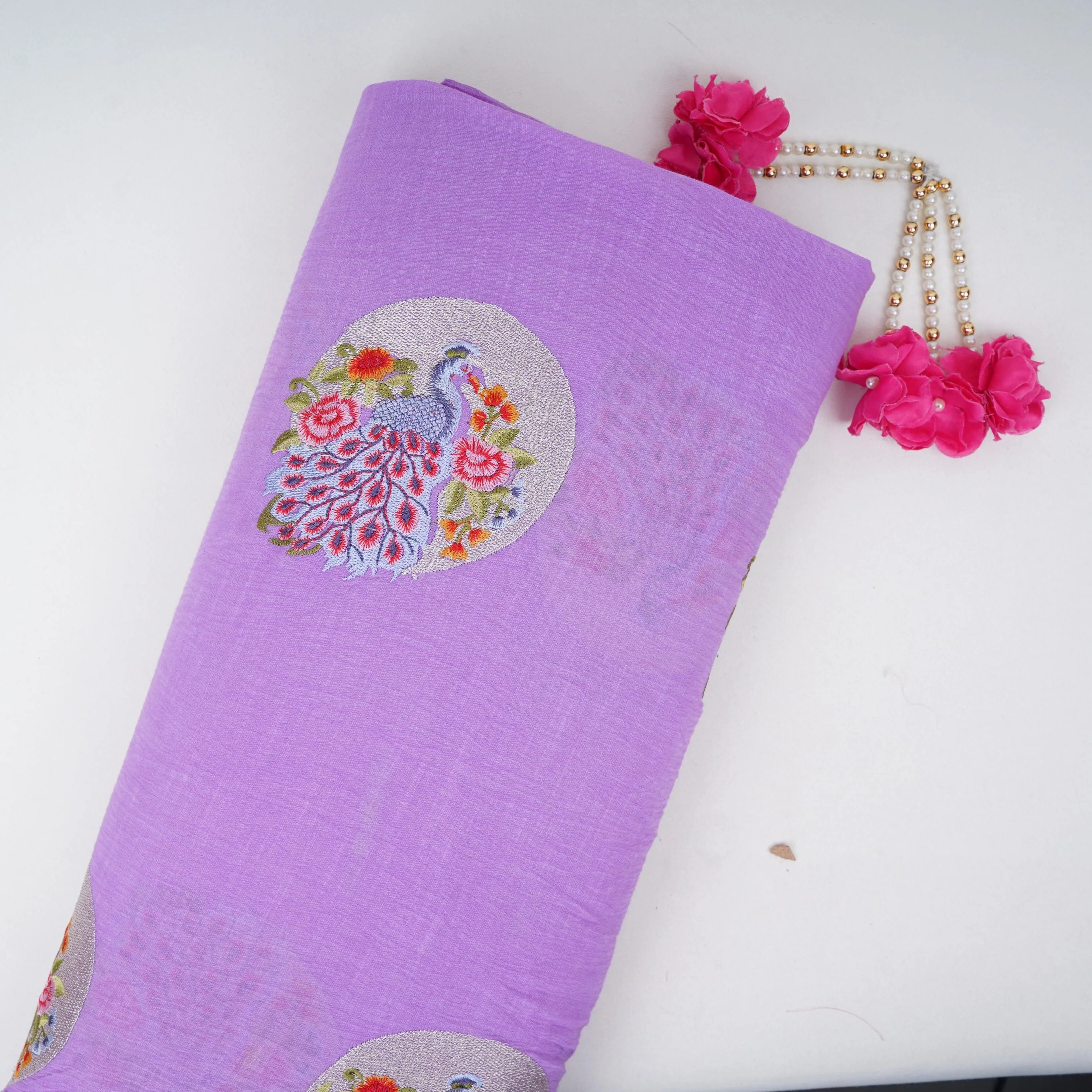 Lavender floral Buta Patch embroidery Chinon Cotton Slub Fabric VFS-31659