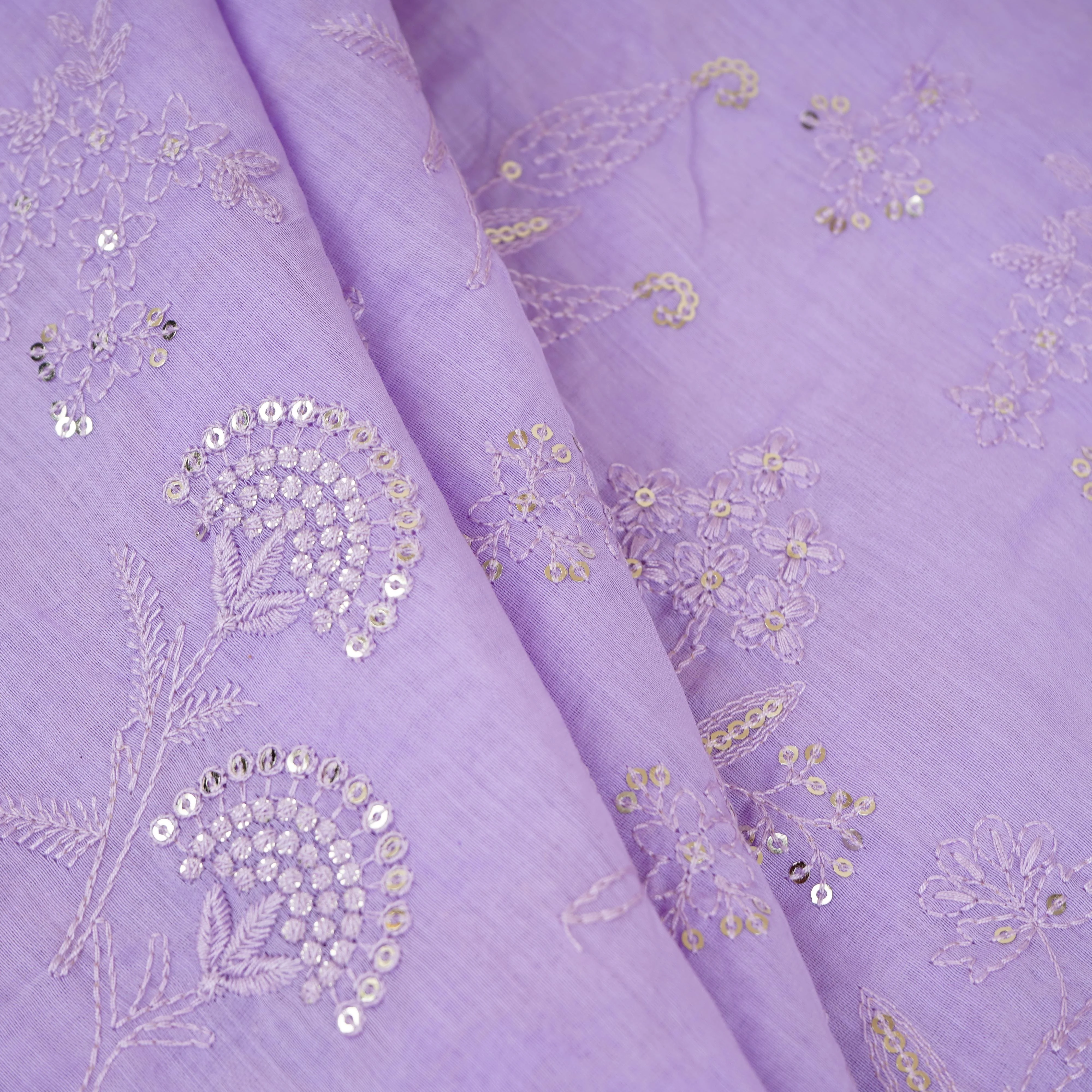 Lavender Floral Embroidery Mul Chanderi Fabric DC-30337 - Image 4