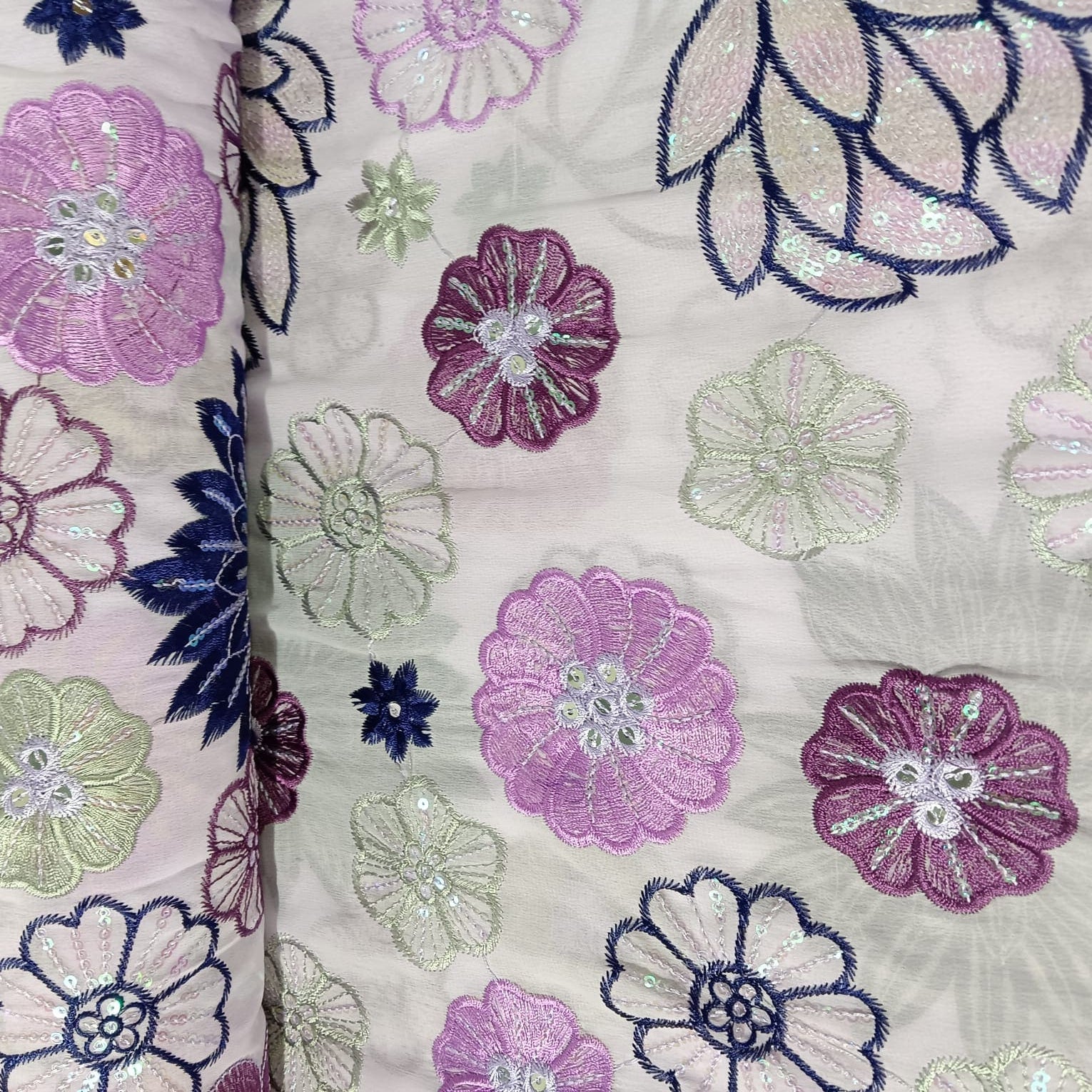 Lavender Floral Sequence Embroidery Georgette Fabric 12964 - Image 3