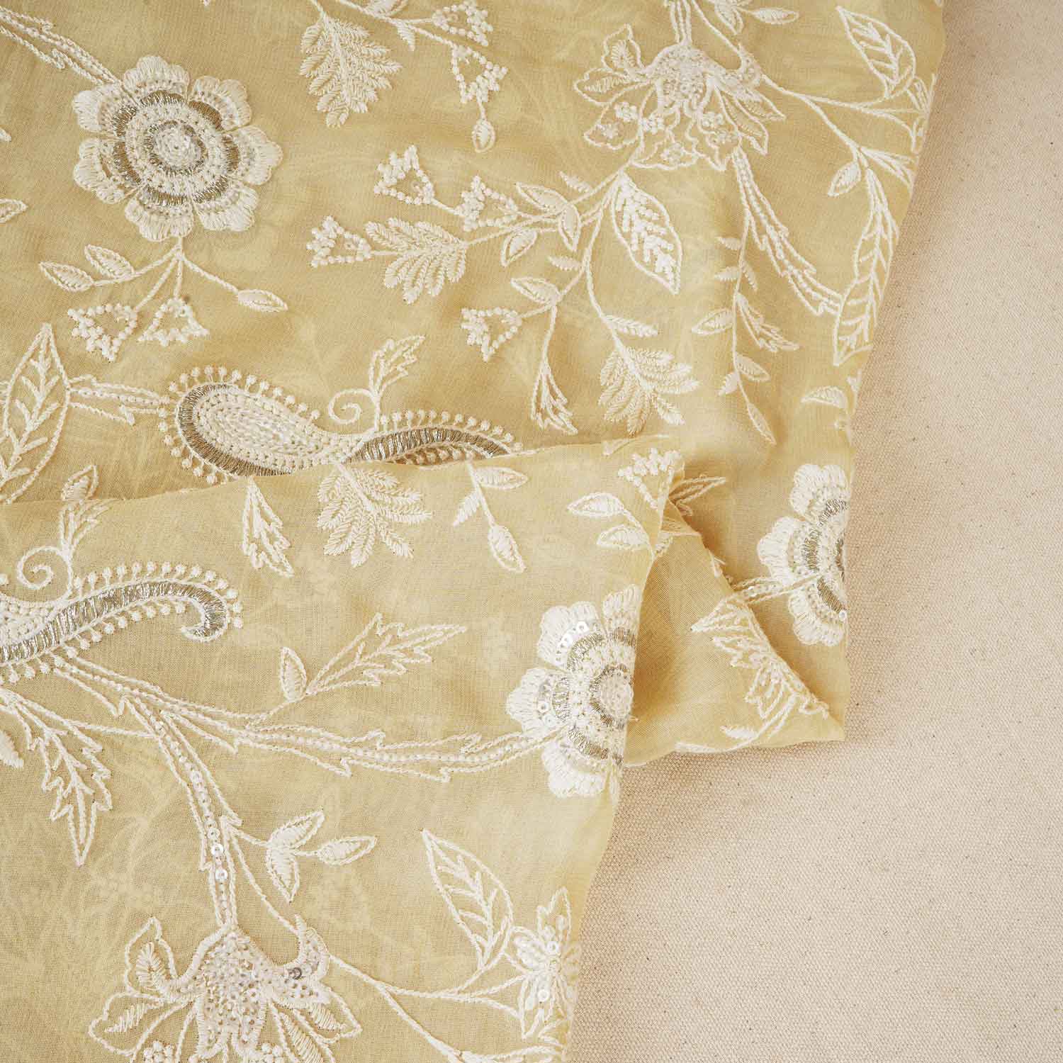 Lemon Yellow Floral Thread Sequins Embroidery Chikankari Georgette Fabric DR-28285 - Image 2