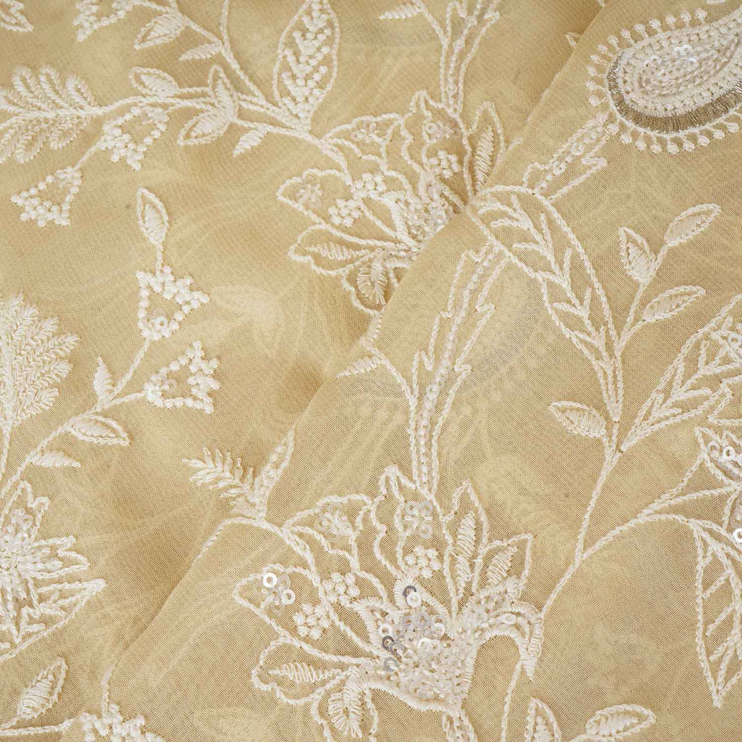 Lemon Yellow Floral Thread Sequins Embroidery Chikankari Georgette Fabric DR-28285 - Image 3