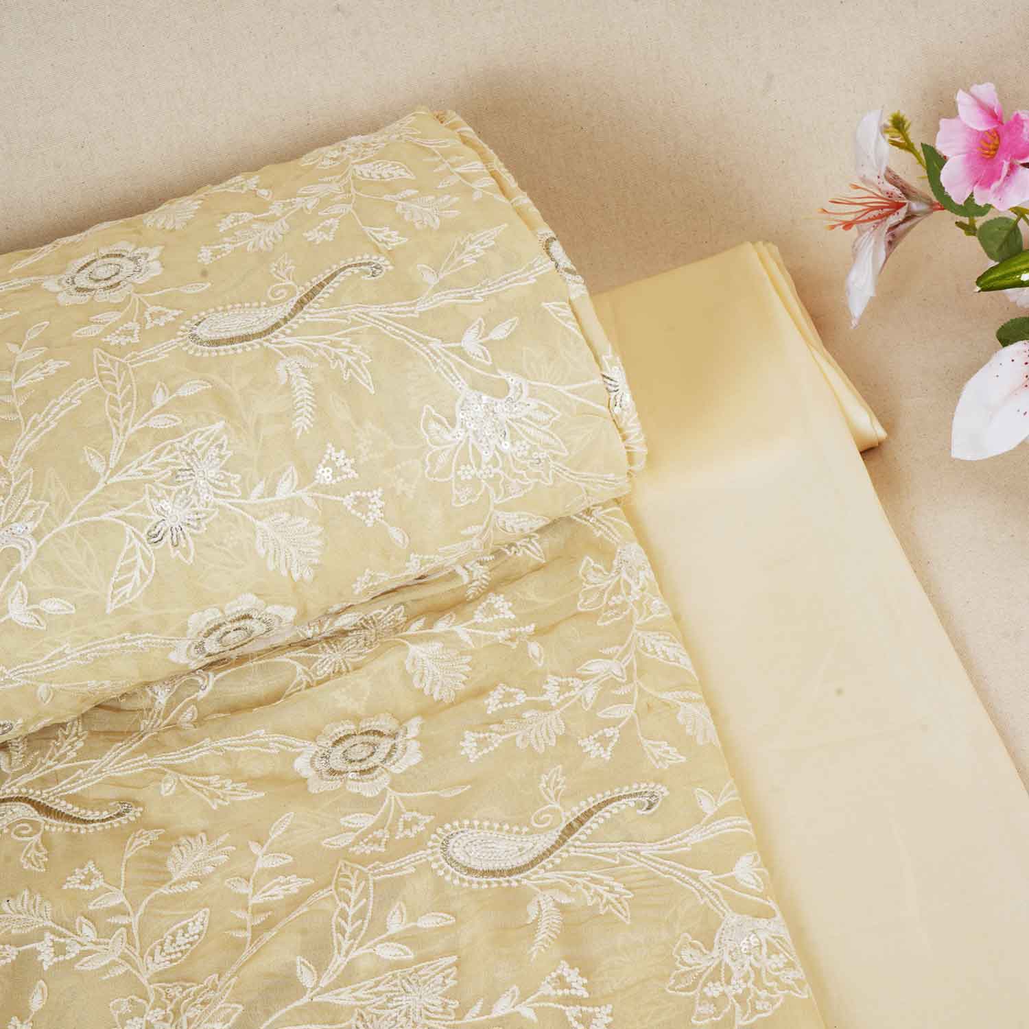 Lemon Yellow Floral Thread Sequins Embroidery Chikankari Georgette Fabric DR-28285 - Image 5