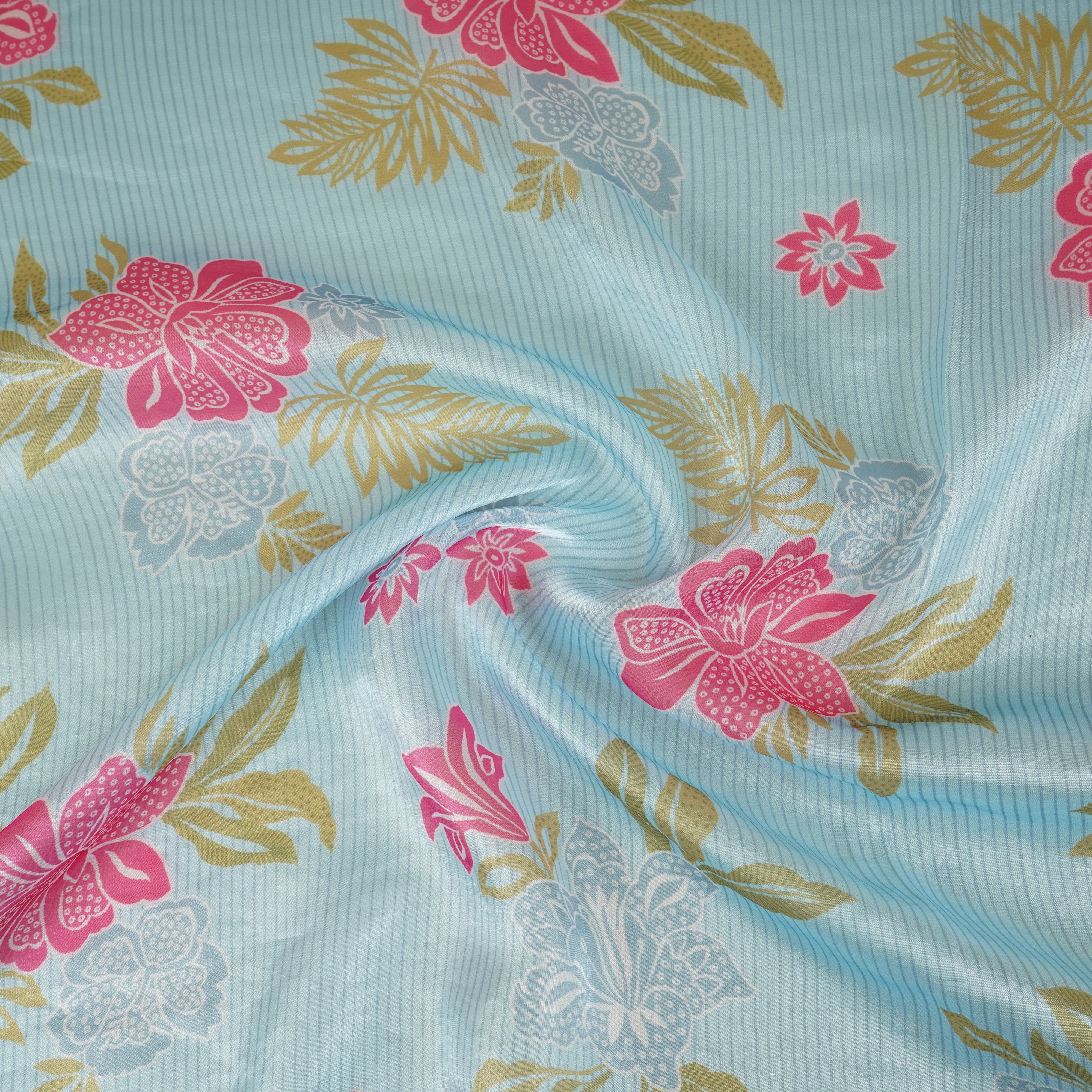 Light Blue Stripes Floral Print Organza Fabric VF-30081 - Image 3