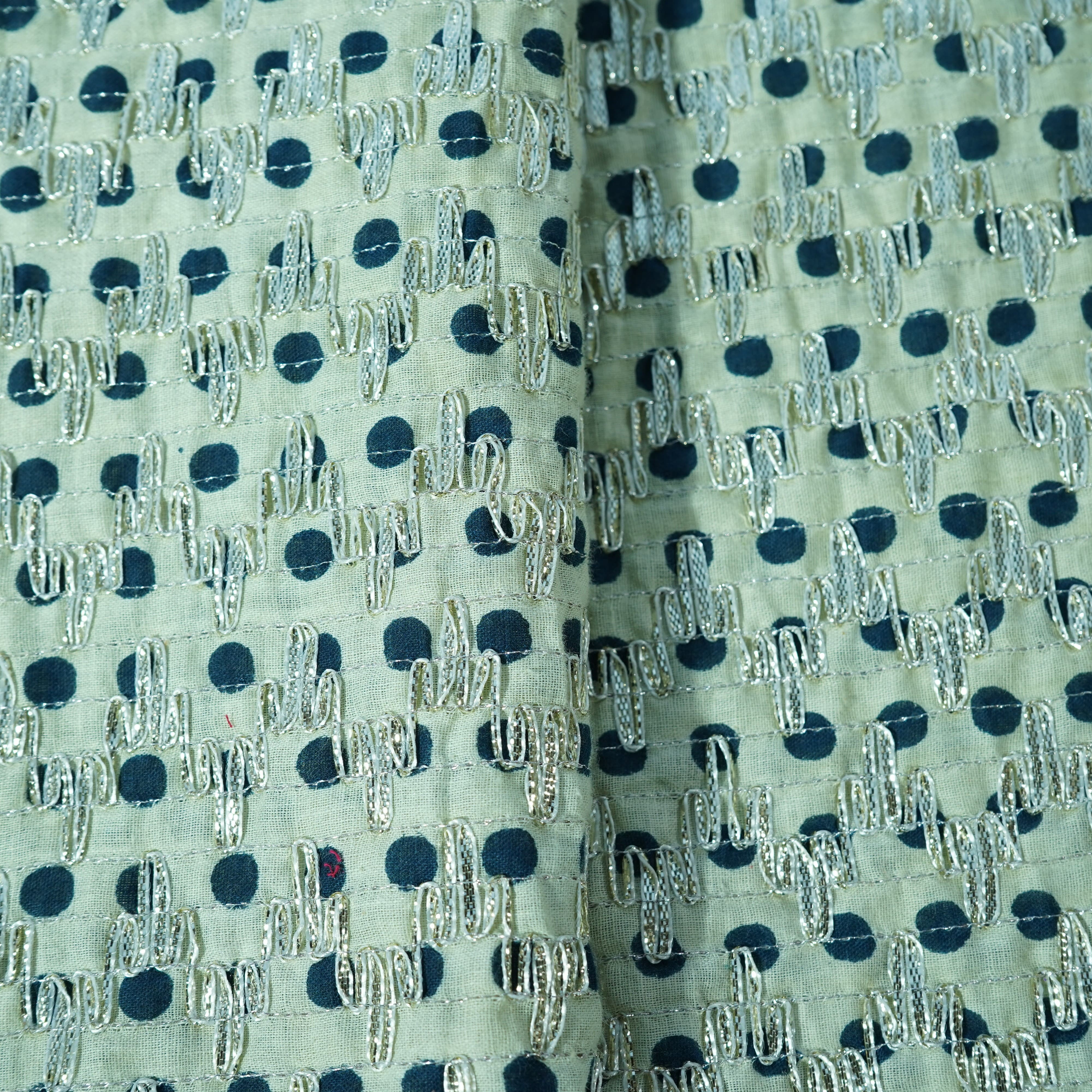 Light Cream Blue Polka Dot Print Gota Work Cambric Cotton - Image 2