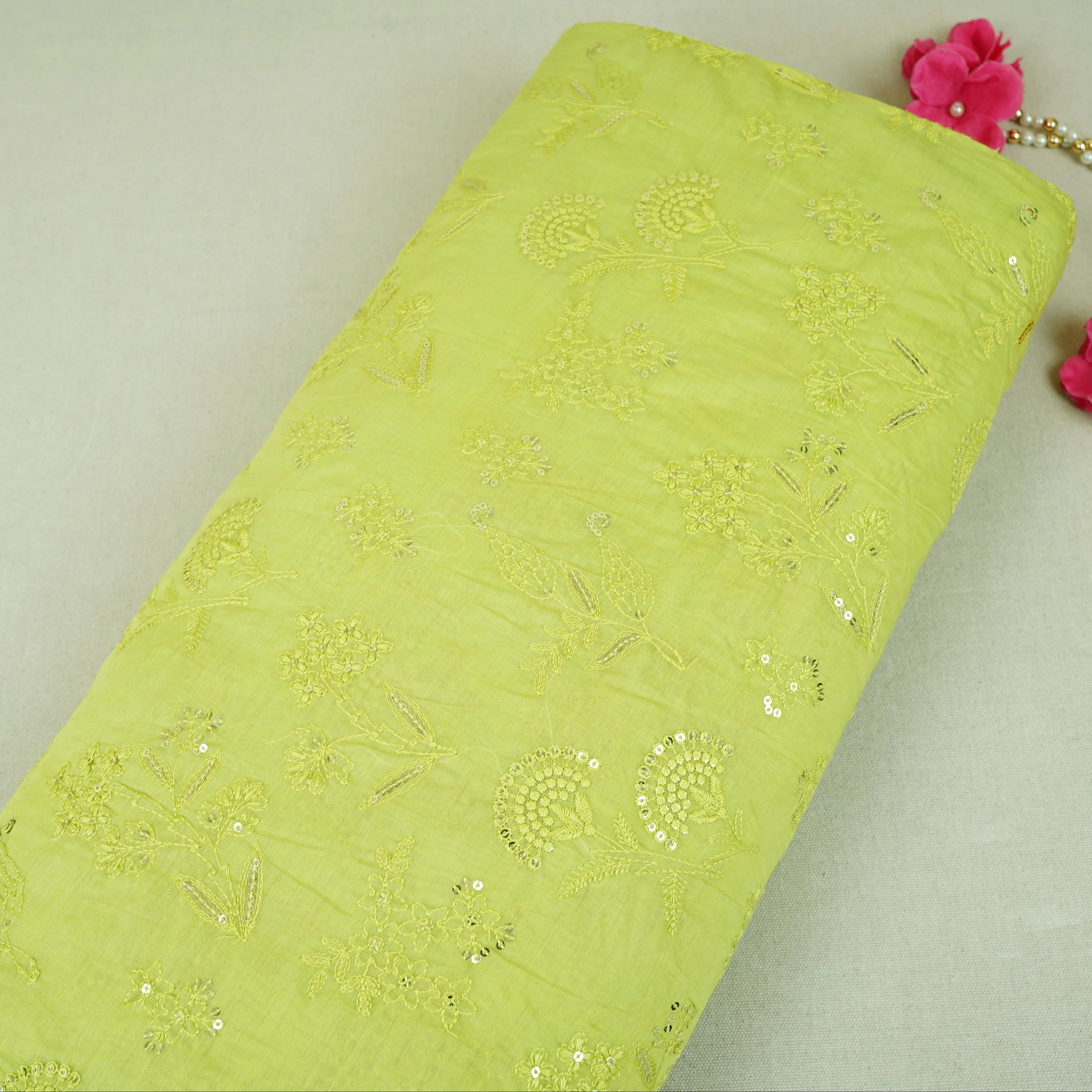 Light Green Floral Embroidery Mul Chanderi Fabric DC-30346