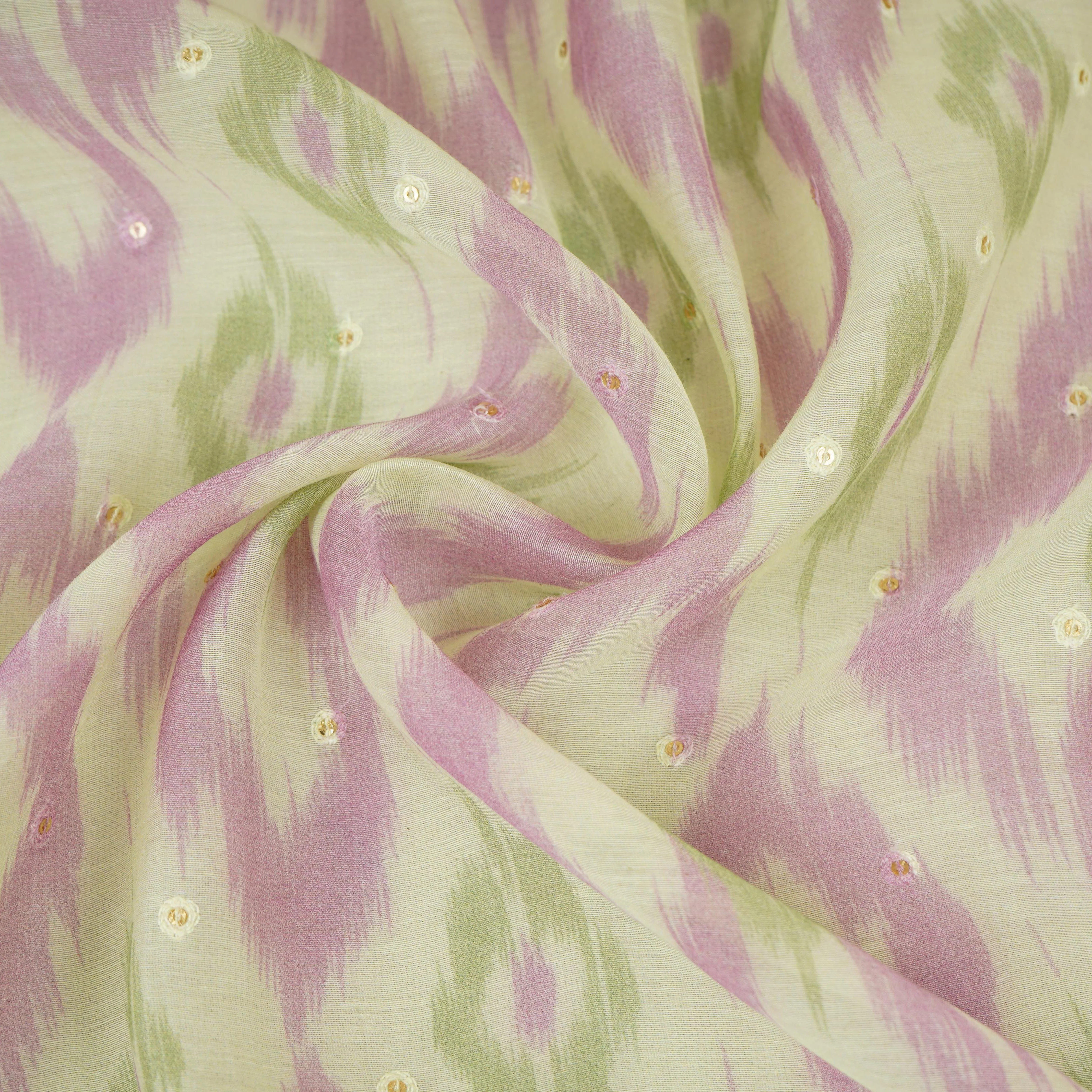 Light Green Ikkat print mukaish work Mul Chanderi Fabric SNA-29626 - Image 3