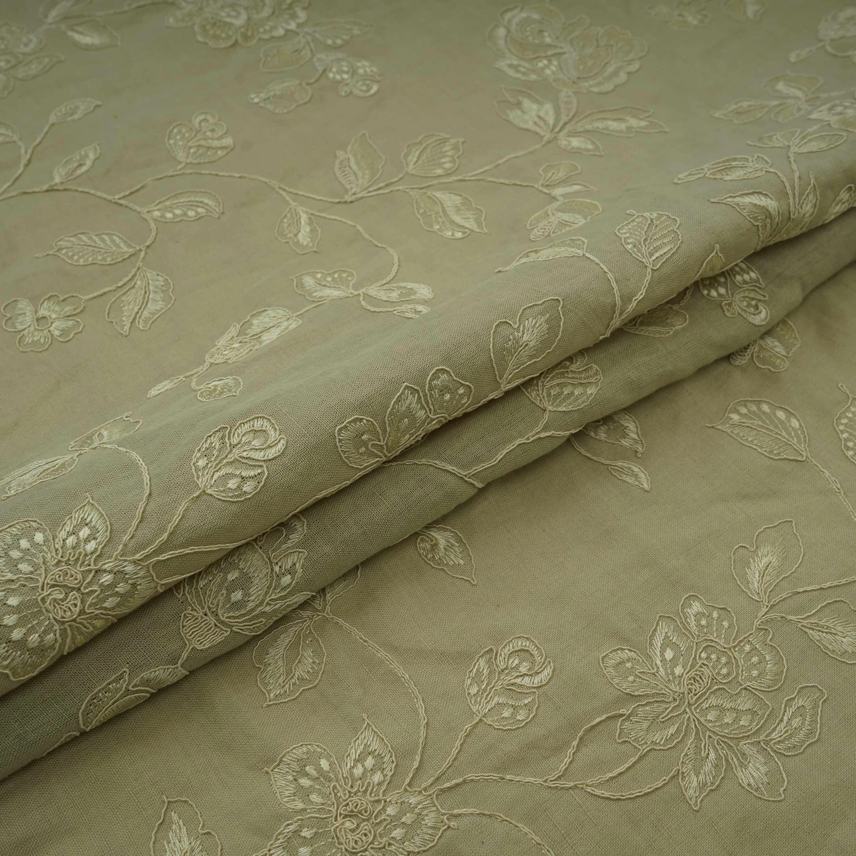 Light Grey floral embroidery Pure Linen Fabric GPF-32065 - Image 4